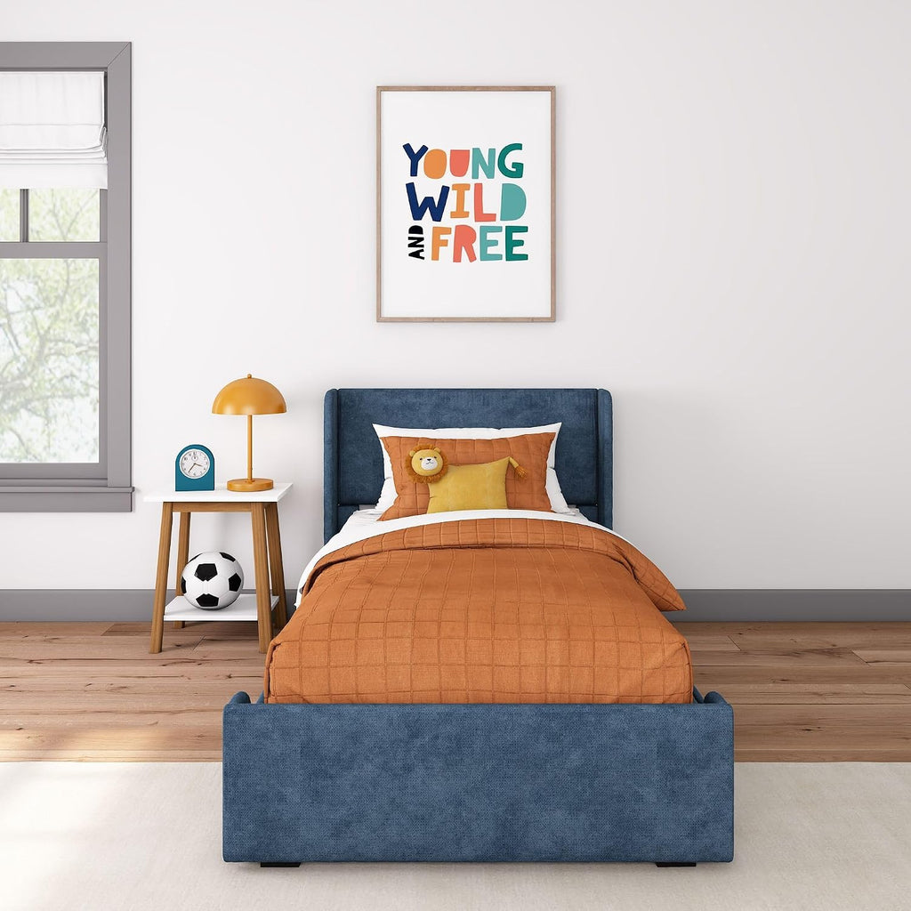Max & Lily Upholstered Twin Bed Frame with Rectangular Headboard and Two Storage Drawers, Upholstered Platform Bed for Kids, No Box Spring Needed, Easy Assembly, Blue