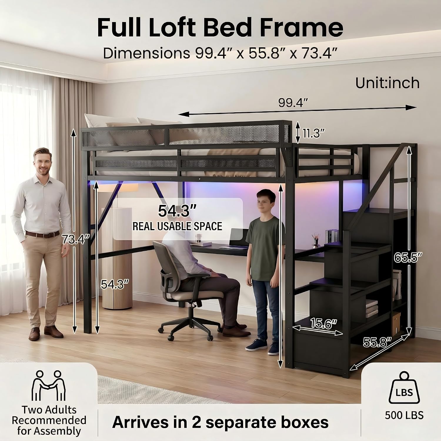 Mirightone Full Size Loft Bed with Desk and Light, Metal Loft Bed Frame with Stairs and Bedside Shelf, Tall Lofts Beds with Storage Shelves and Wardrobe for Kids Teens, Black