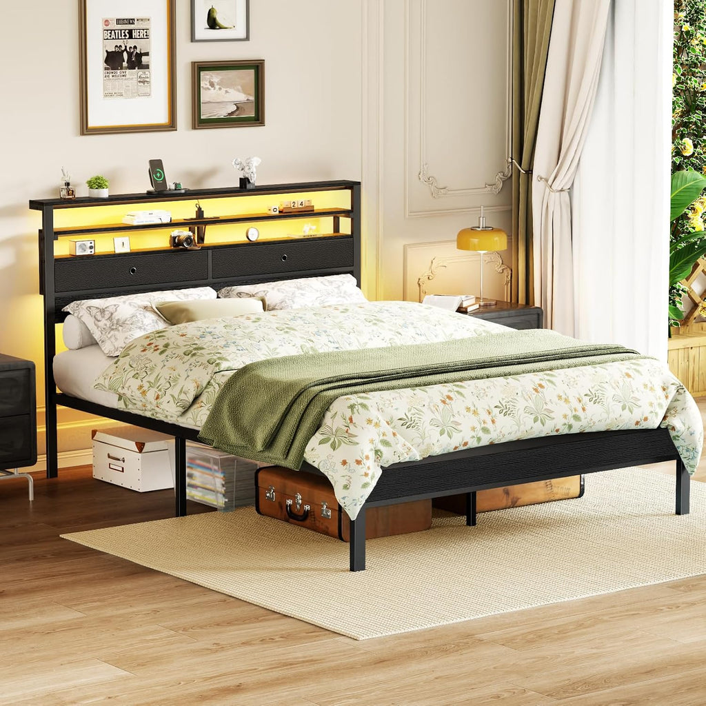 Furnulem Queen Bed Frame with Headboard, 3-Tier Storage Shelves & 2 Fabric Drawers, Built-in Charging Station & RGB LED Lights, Metal Slat Support, No Box Spring Needed, Easy Assembly, Black Oak