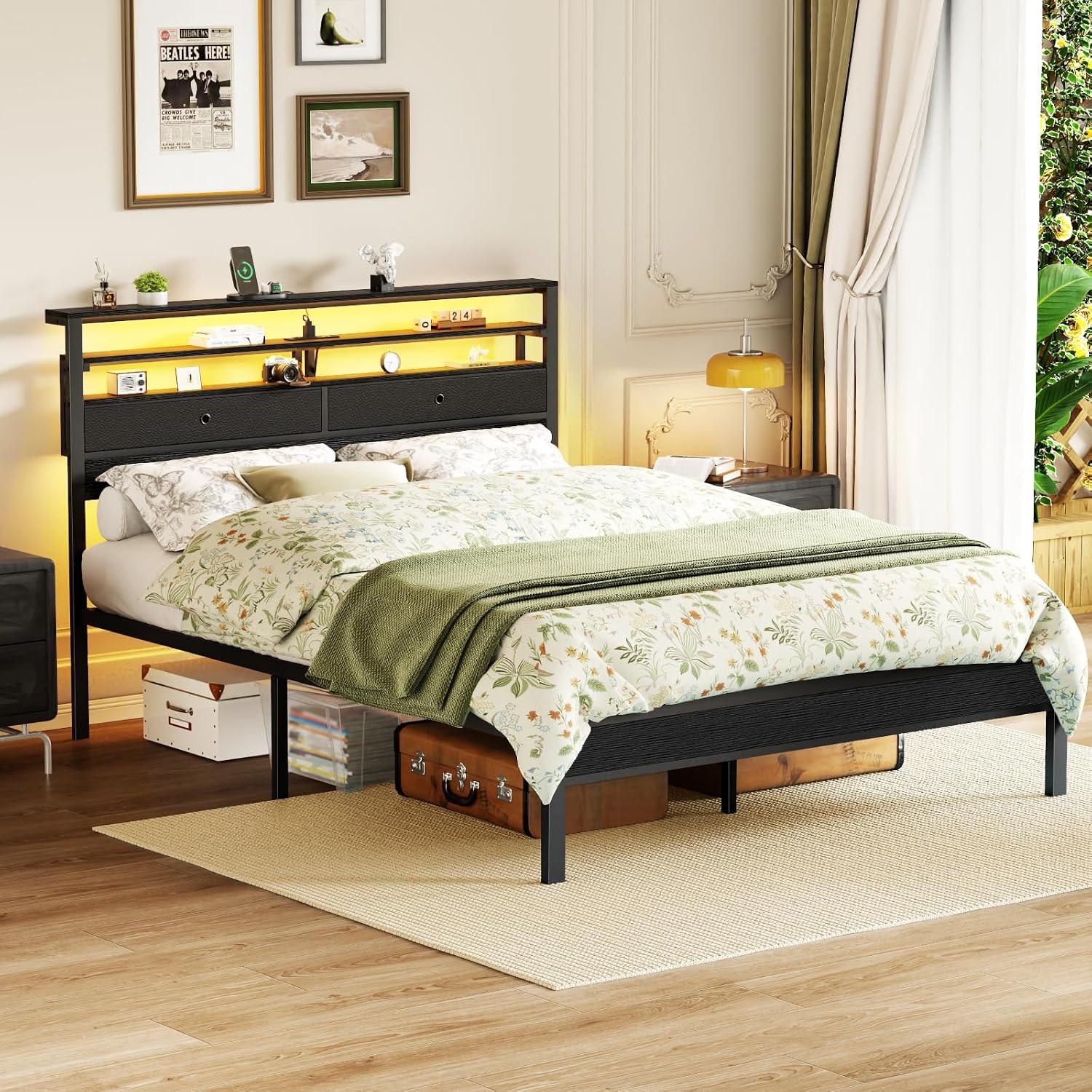 Furnulem Queen Bed Frame with Headboard, 3-Tier Storage Shelves & 2 Fabric Drawers, Built-in Charging Station & RGB LED Lights, Metal Slat Support, No Box Spring Needed, Easy Assembly, Black Oak