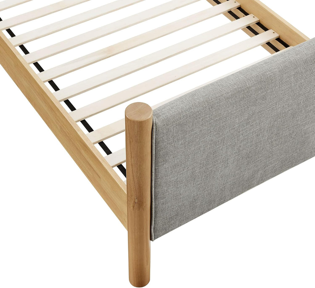 Modway Maven Twin Size Bed Frame in Wheat Oak with Upholstered Fabric Headboard and Footboard – Wood Twin Platform Bed Frame – No Box Spring Needed