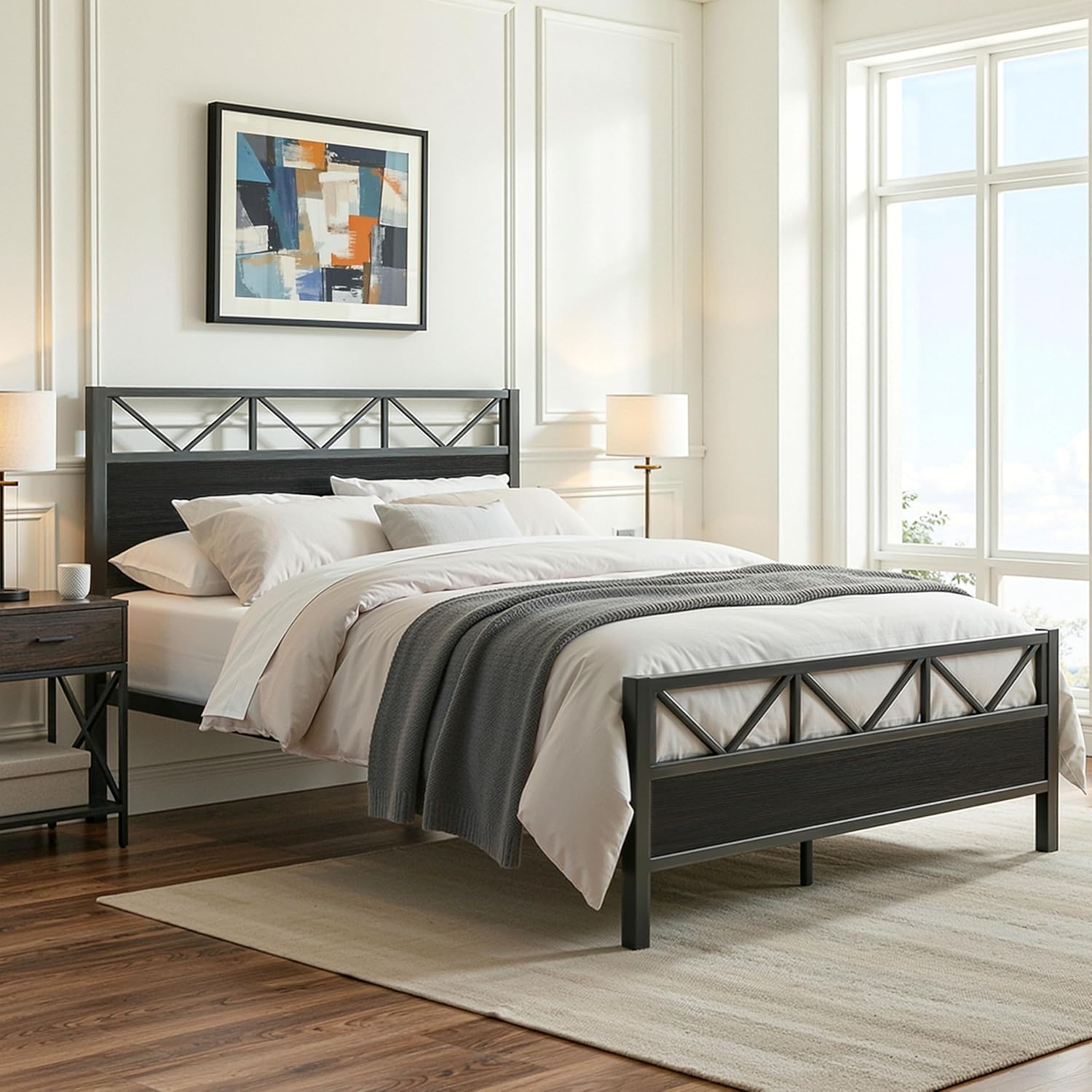 LIKIMIO King Bed Frame, Tall Industrial Headboard 51.2 ', Platform Bed Frame with Strong Metal Support, Solid and Stable, Noise Free, No Box Spring Needed, Easy Assembly, Black
