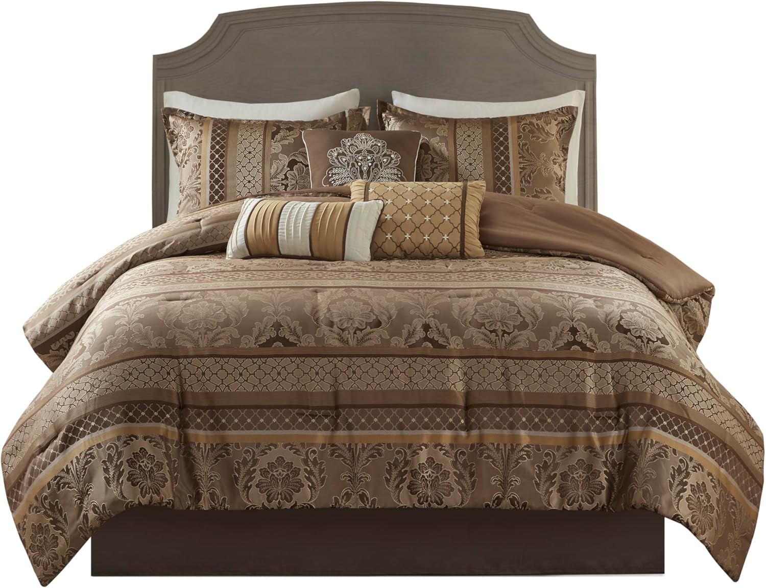 Madison Park Cozy Comforter Set - Luxurious Jaquard Traditional Damask Design, All Season Down Alternative Bedding with Matching Shams, Decorative Pillow Bellagio Brown/Gold Cal King(104'x92') 7 Piece