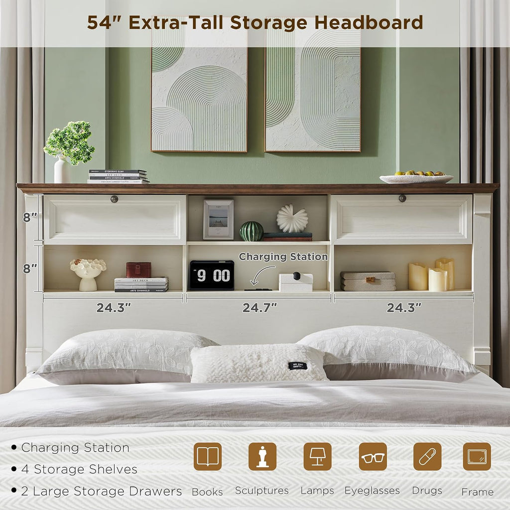 T4TREAM Farmhouse King Size Bed Frame with 54' Tall Headboard, Wood Platform Bed Frame with 18' Tall Roman Column Decoration Footboard & 2 Large Storage Drawers, No Box Spring Needed(Antique White)