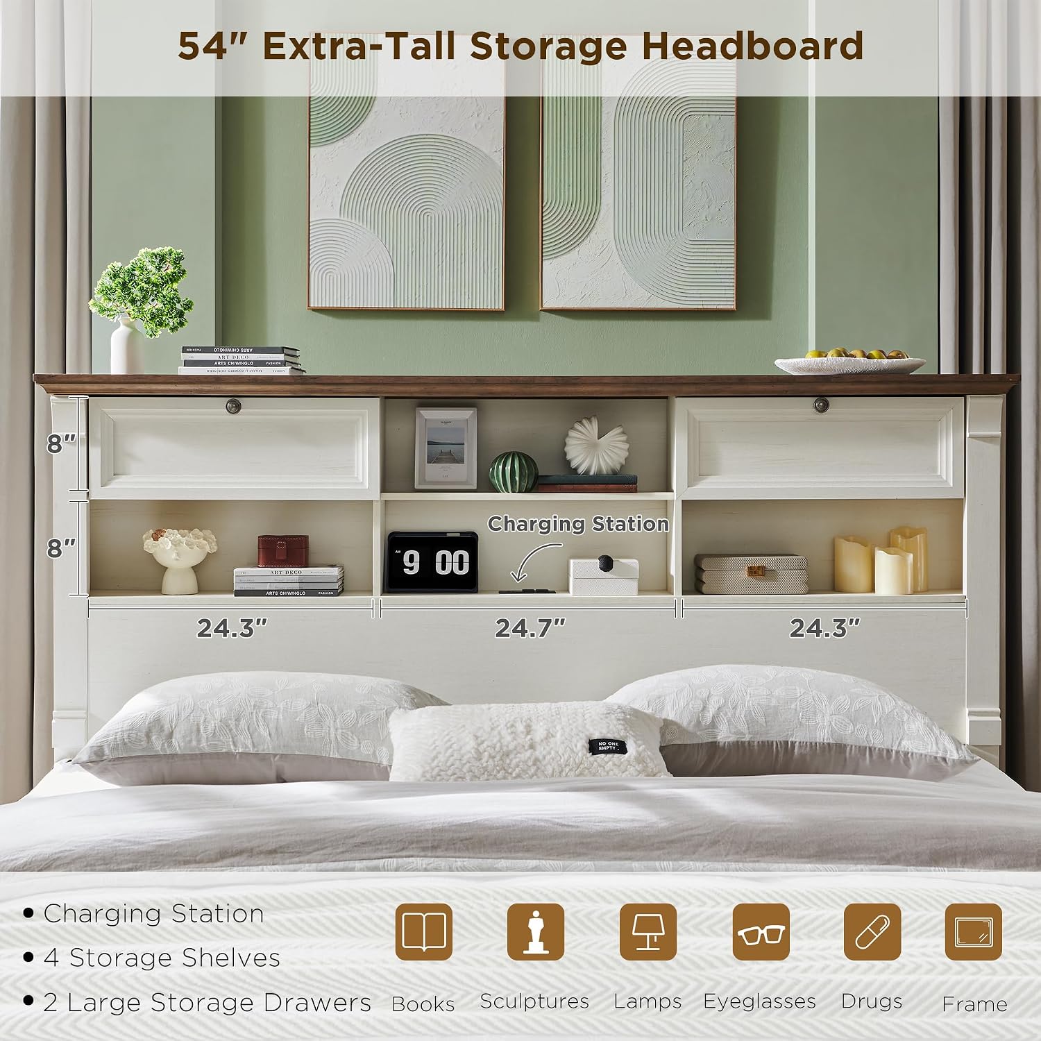 T4TREAM Farmhouse King Size Bed Frame with 54' Tall Headboard, Wood Platform Bed Frame with 18' Tall Roman Column Decoration Footboard & 2 Large Storage Drawers, No Box Spring Needed(Antique White)