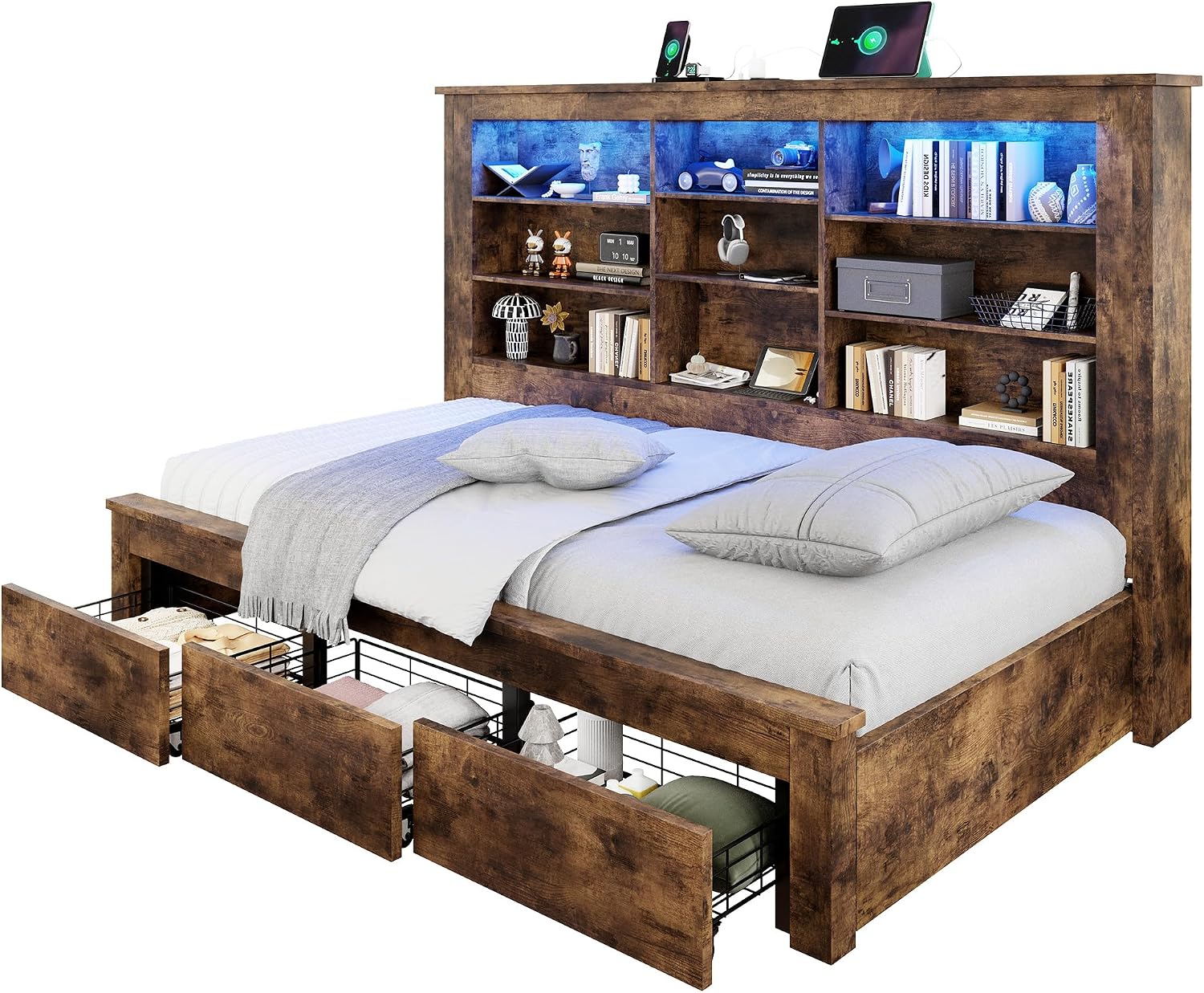 Jocisland Twin Bed Frame with Storage Drawers, Bookcase Headboard, USB Charging, RGB Lights, Farmhouse Wood Daybed No Box Spring Needed, Rustic Oak | 49' tall shelving