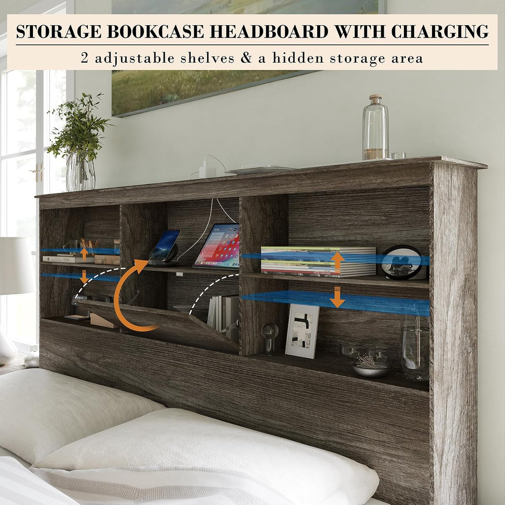 AMERLIFE King Size Bed Frame Wooden Platform Bed with 51.2' Storage LED Bookcase Headboard, 4 Storage Drawers & Charging Station/No Box Spring Needed/Noise Free/Rustic Grey