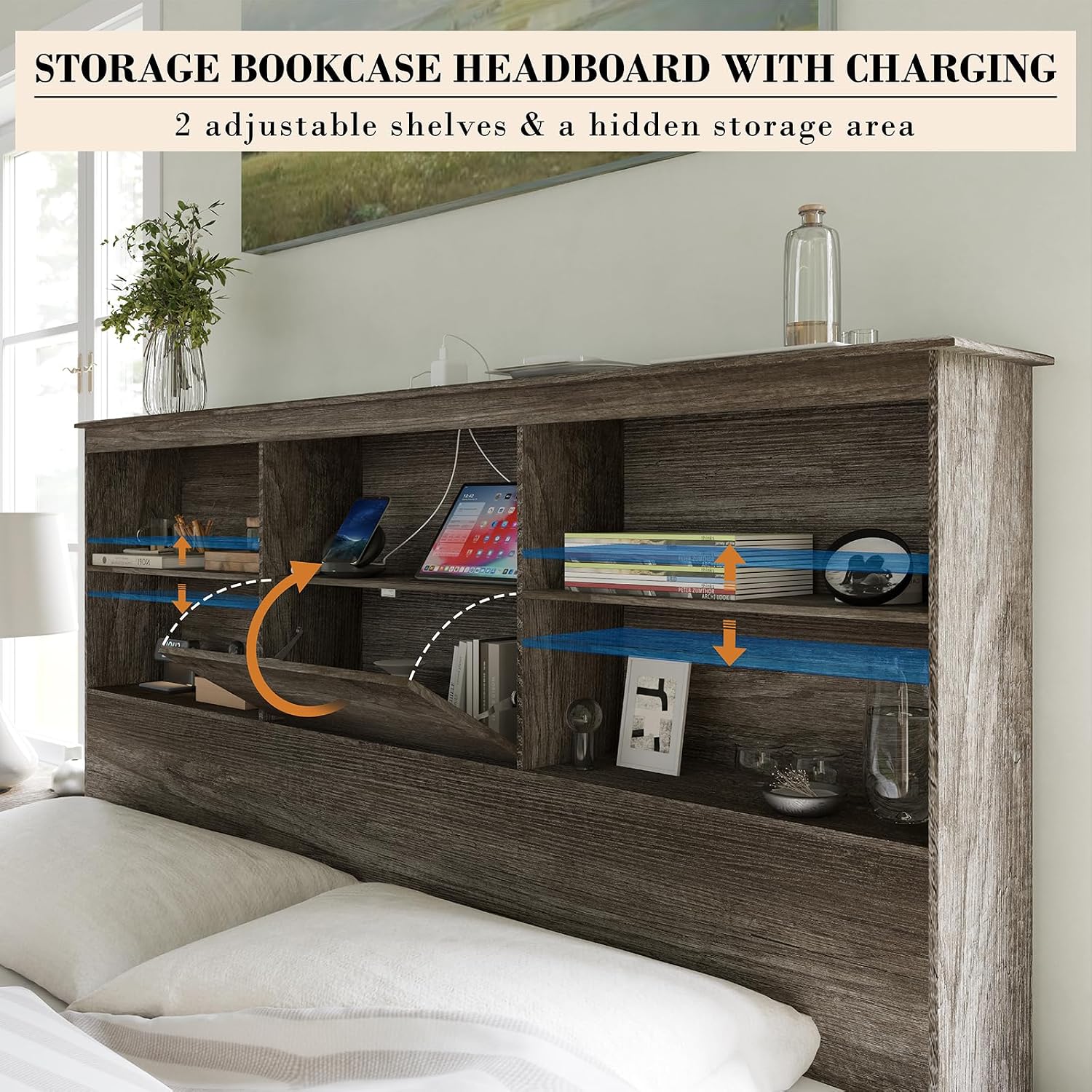 AMERLIFE King Size Bed Frame Wooden Platform Bed with 51.2' Storage LED Bookcase Headboard, 4 Storage Drawers & Charging Station/No Box Spring Needed/Noise Free/Rustic Grey