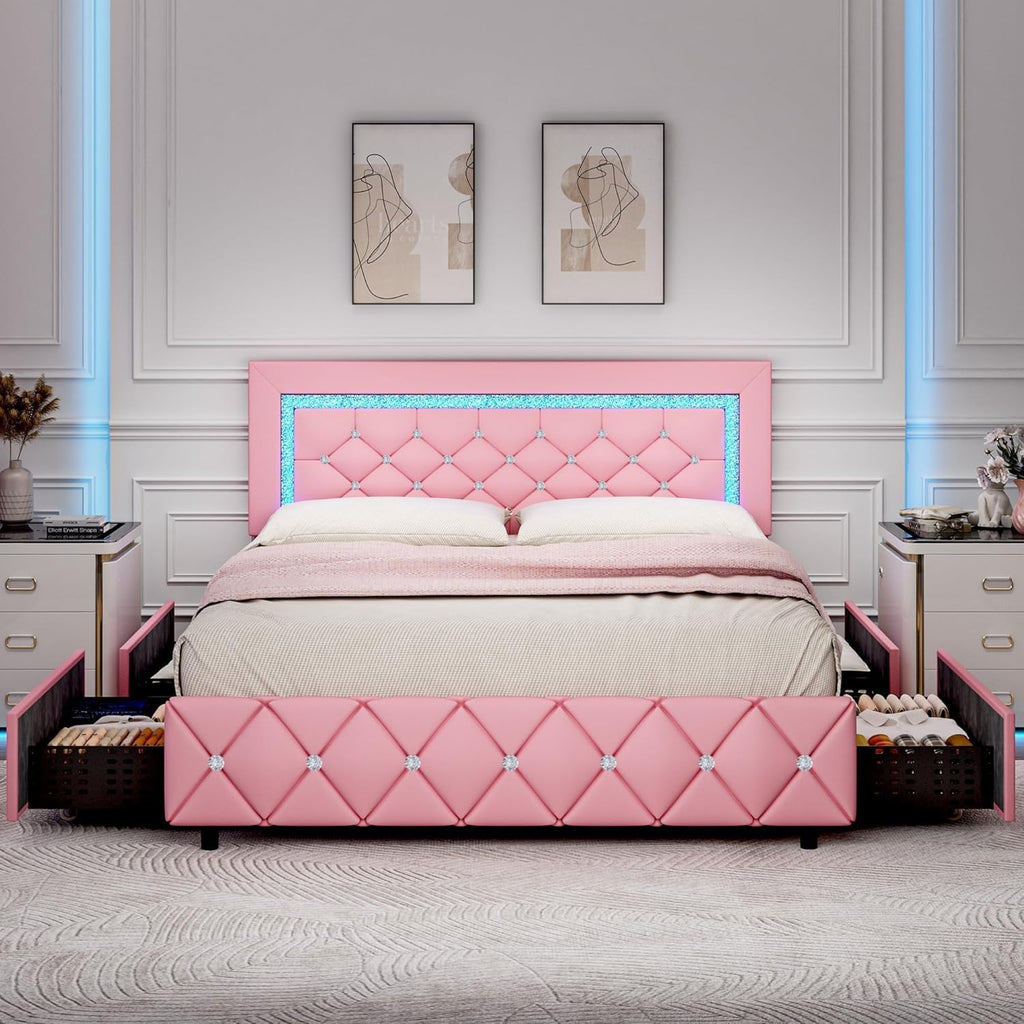 BarnFurin Full Size Bed Frame with LED Lights, Upholstered Bed Frame with Storage Drawers, Princess Platform Bed with Diamond Headboard and Footboard, No Box Spring Needed, Pink
