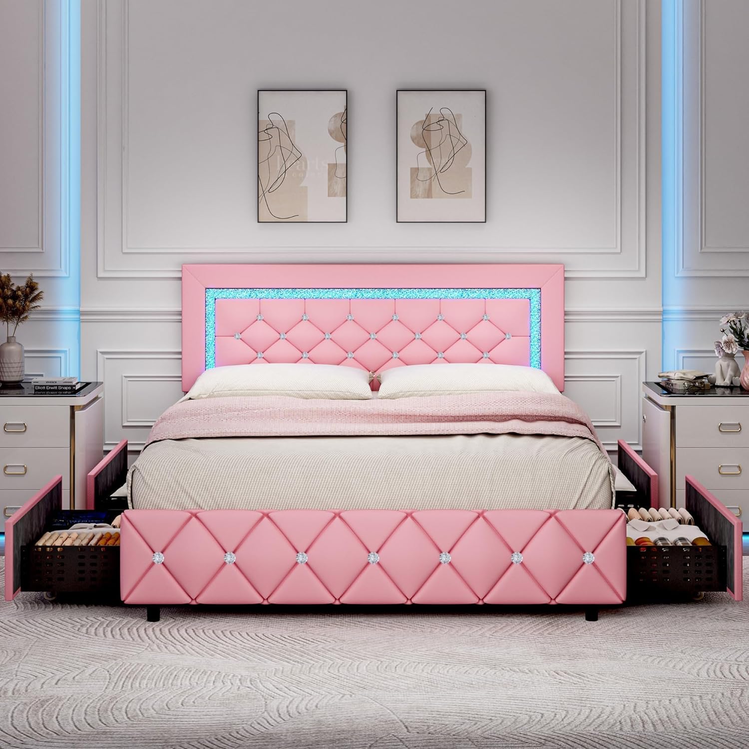 BarnFurin Full Size Bed Frame with LED Lights, Upholstered Bed Frame with Storage Drawers, Princess Platform Bed with Diamond Headboard and Footboard, No Box Spring Needed, Pink