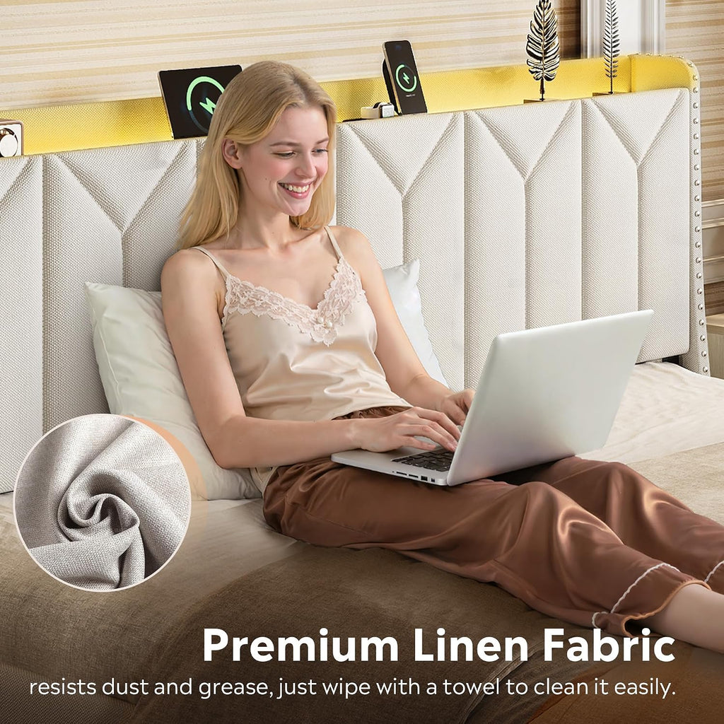 WLIVE King Size Upholstered Bed Frame with 2 Drawers, Storage Headboard Platform Bed with Charging Station and LED Light, Sturdy Metal & Wooden Slats Support, No Box Spring Needed, Beige