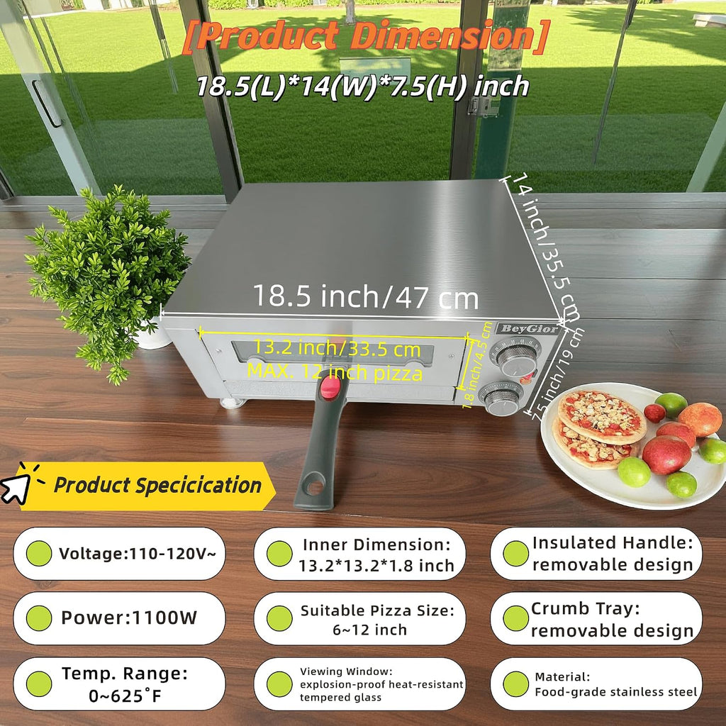 Electric Pizza Oven Indoor,12 inch Countertop Pizza Maker with Viewing Window,Stainless Steel Commercial Pizza Oven, Removable Handle,Dual Baking Trays and Oven Mitts