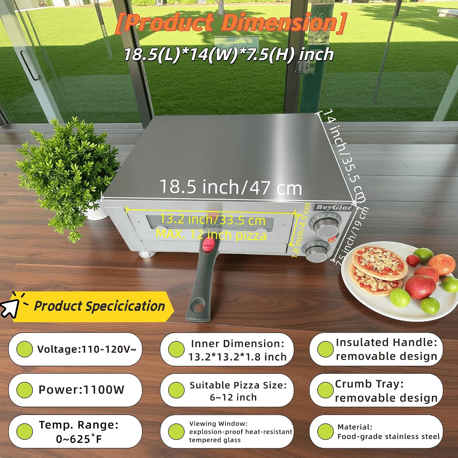 Electric Pizza Oven Indoor,12 inch Countertop Pizza Maker with Viewing Window,Stainless Steel Commercial Pizza Oven, Removable Handle,Dual Baking Trays and Oven Mitts