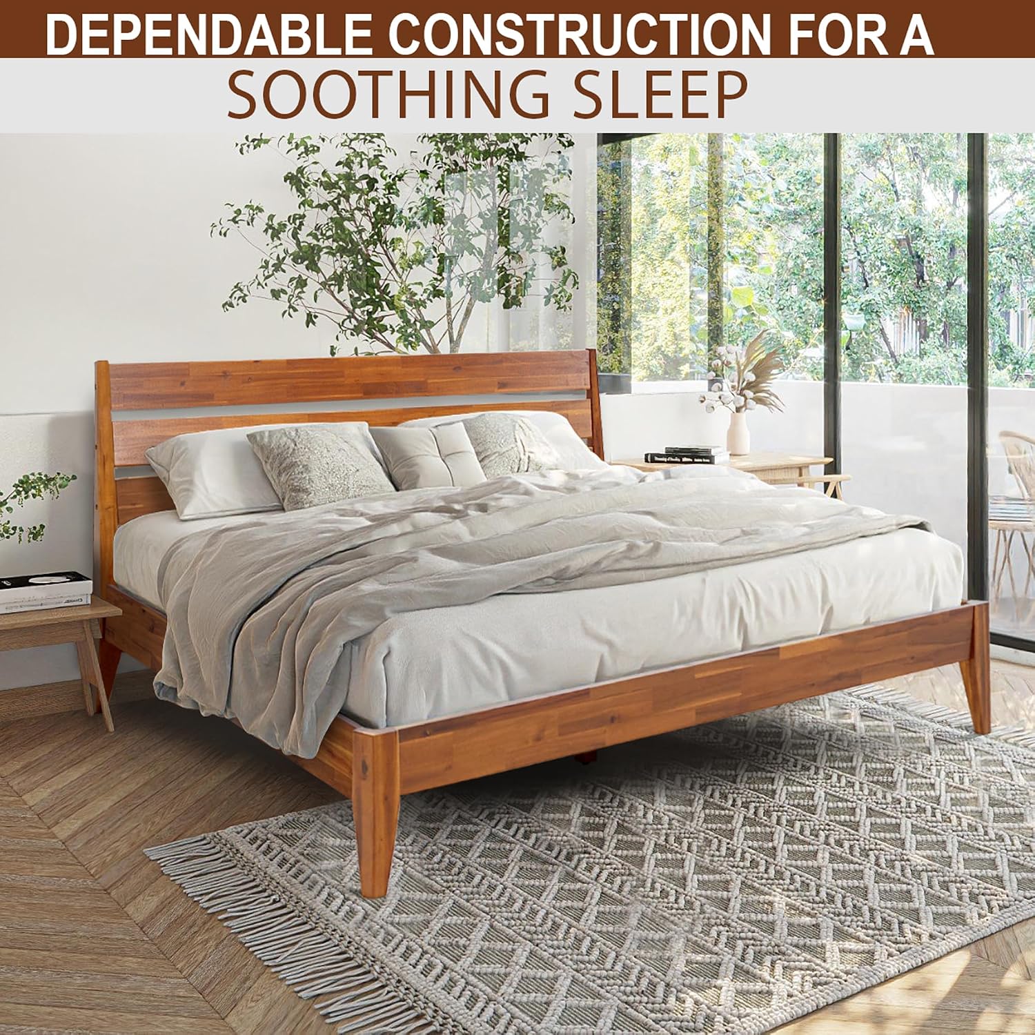 Acacia Emery Bed Frame with Headboard Solid Wood Platform Bed, King Size Bed Frame, Mid - Century Modern Wood Bed Compatible with All Mattresses, Easy Assembly, Non-Slip, Caramel.