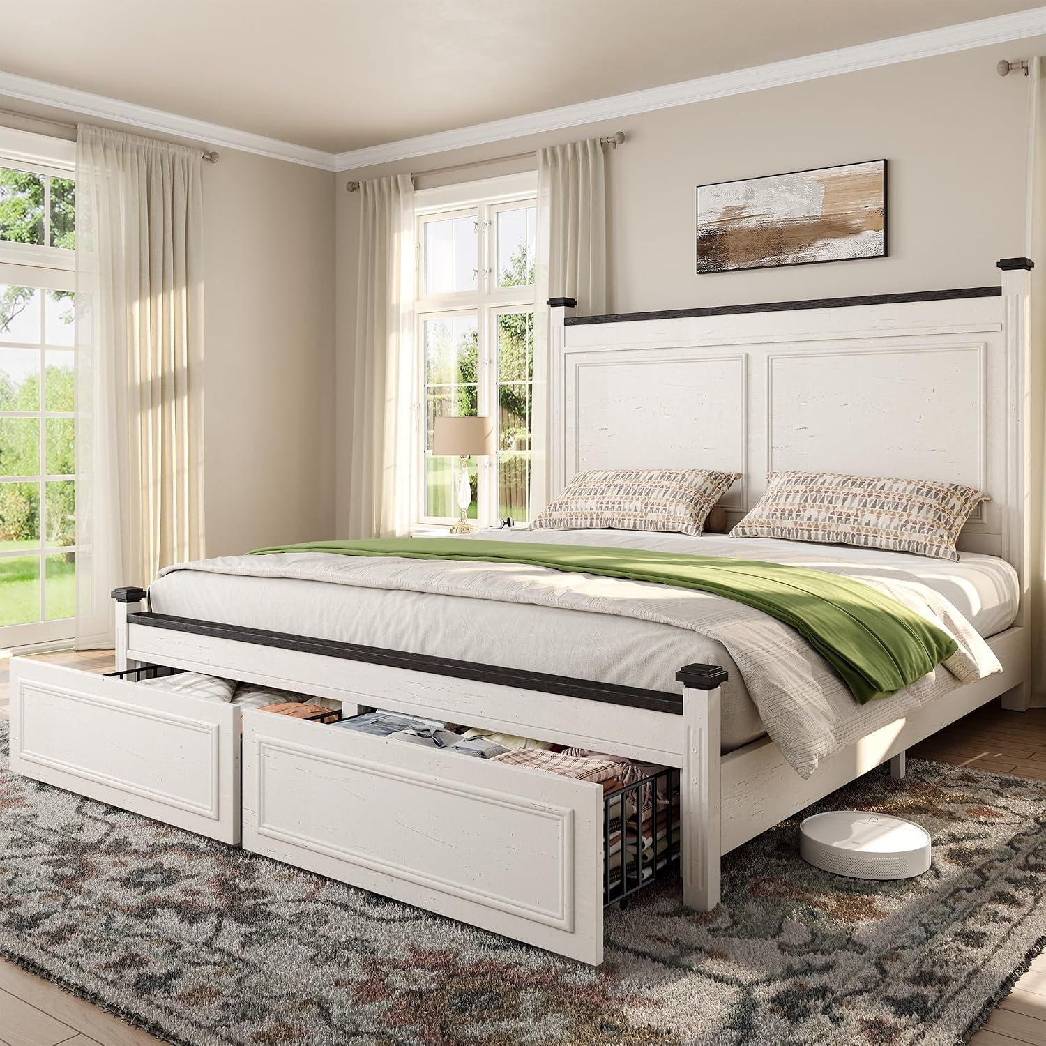 Homkdom Queen Bed Frame with Tall Headboard, Bed Frame Queen Size with 2 StorageDrawers, Farmhouse, Wooden, No Noise, No Box Spring Needed, White