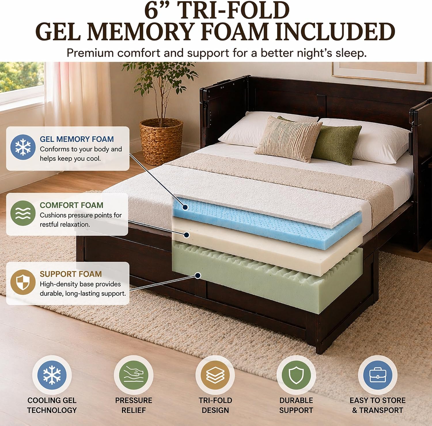 NIGHT & DAY Furniture Murphy Cube Cabinet Bed, Queen, Chocolate