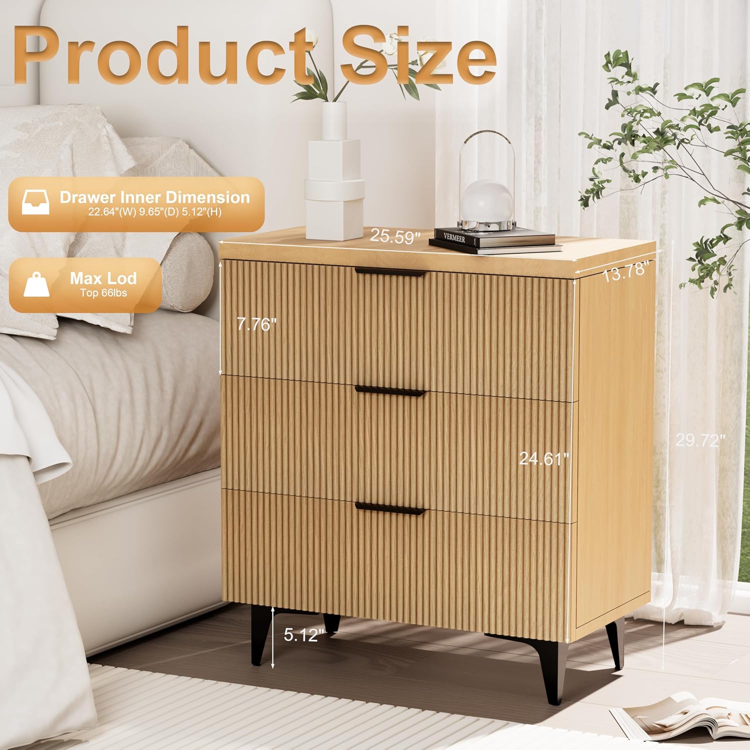 Royal Windsor Large Night Stand Fluted Nightstand with 3 Drawers, Side End Table with Storage, Modern Oversized Nightstands Bedside Table for Bedroom, Natural Oak