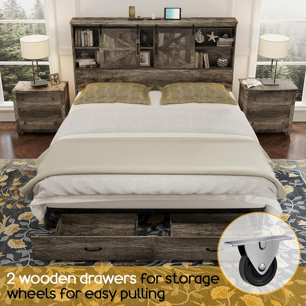 HOWE Farmhouse King Size Bed Frame with 51.2' Bookcase Headboard, Wooden Platform Bed with 2 Drawers, Sliding Barn Door Dec, Storage Bed with Charging Station, No Box Spring Needed, Rustic Grey