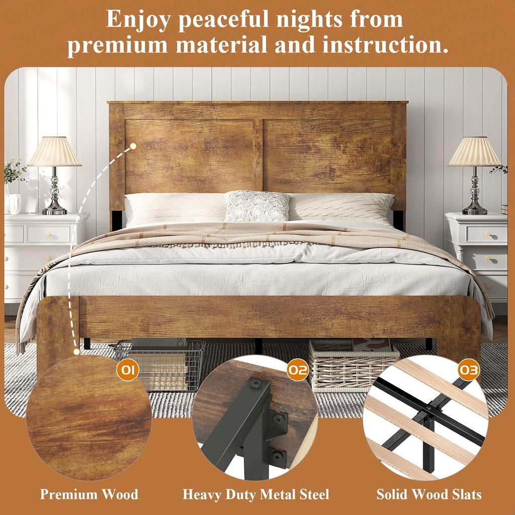Wooden Bed Frame Full Size with Headboard, Farmhouse Platform Bedframe with Wood Slat Support, Sturdy Framework Bed Frame, Easy Assembly (Rustic Brown)
