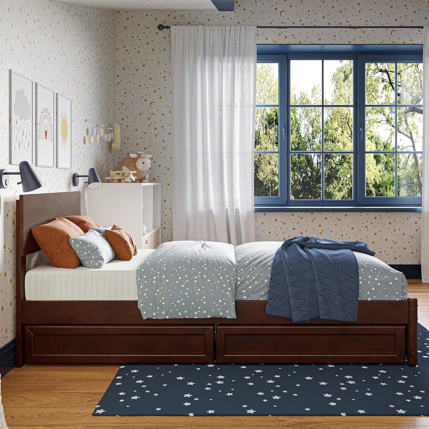 AFI, Wesley Twin Platform Bed with Panel Footboard & Storage Drawers, Walnut