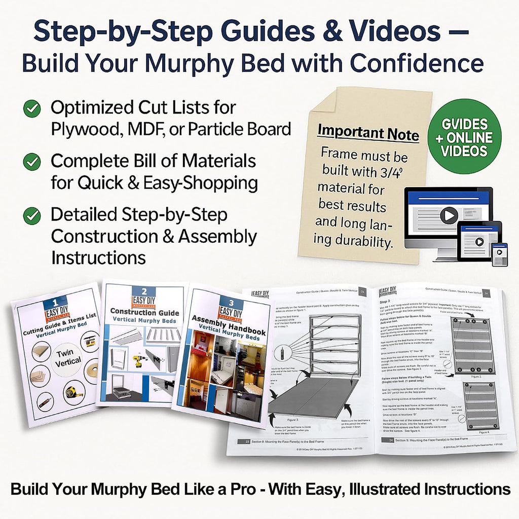Queen Size DIY Murphy Bed Hardware Kit – Vertical Wall Bed for Space-Saving - Budget-Friendly DIY Setup -Made in USA -Hide Away Design with Murphy Bed Queen Hardware - Bed Lift Mechanism - Pull Down