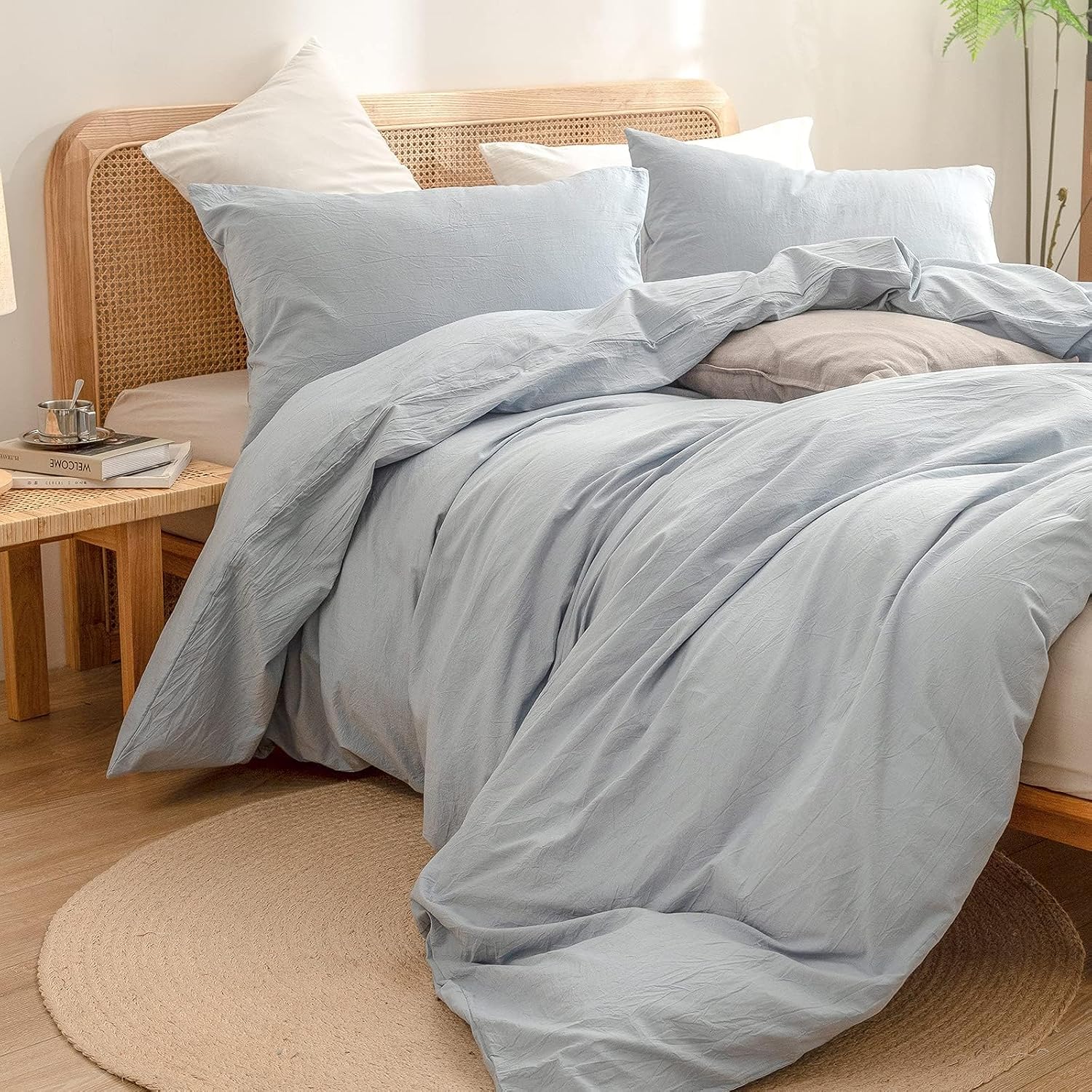 BESTOUCH Duvet Cover Set 100% Washed Cotton Linen Feel Super Soft Comfortable Chic Lightweight 3 PCs Home Bedding Set Solid Cornflower Blue Alaska King