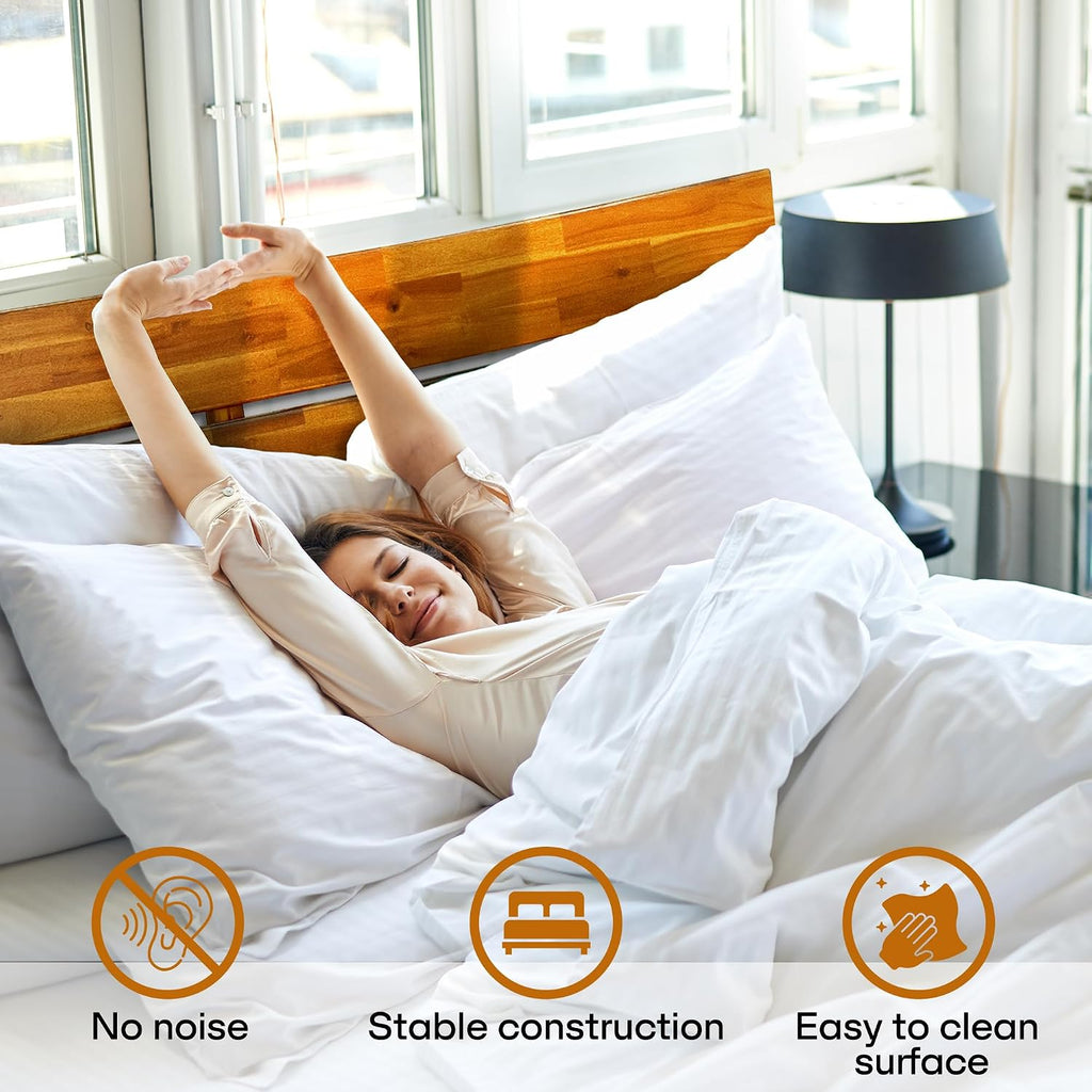 Acacia Aurora Wooden Bed with Headboard, King Size Bed Frame, 800lbs Capacity Wood Bed Compatible with All Mattress Types, Non-Slip & Noise-Free, Wood Slats Support, Easy Assembly, Caramel.