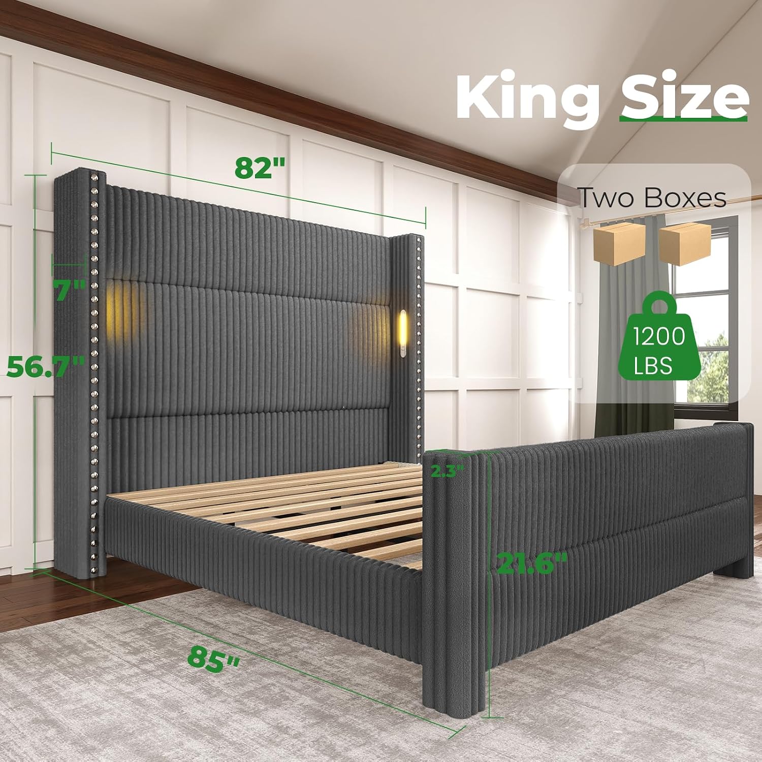 King Bed Frame with 56.7' Tall Wingback Headboard & Reading Lights, Corduroy Upholstered Platform Bed and Charging Station, Modern Luxury Design, Noise Free, No Box Spring Needed, Grey
