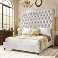 Jocisland King Size Bed Frame with 59' Tall Upholstered Headboard, Luxury Velvet Bed with Handcrafted Deep-Tufted Design and Solid Wood Legs, Noise-Free, No Box Spring Needed, Cream
