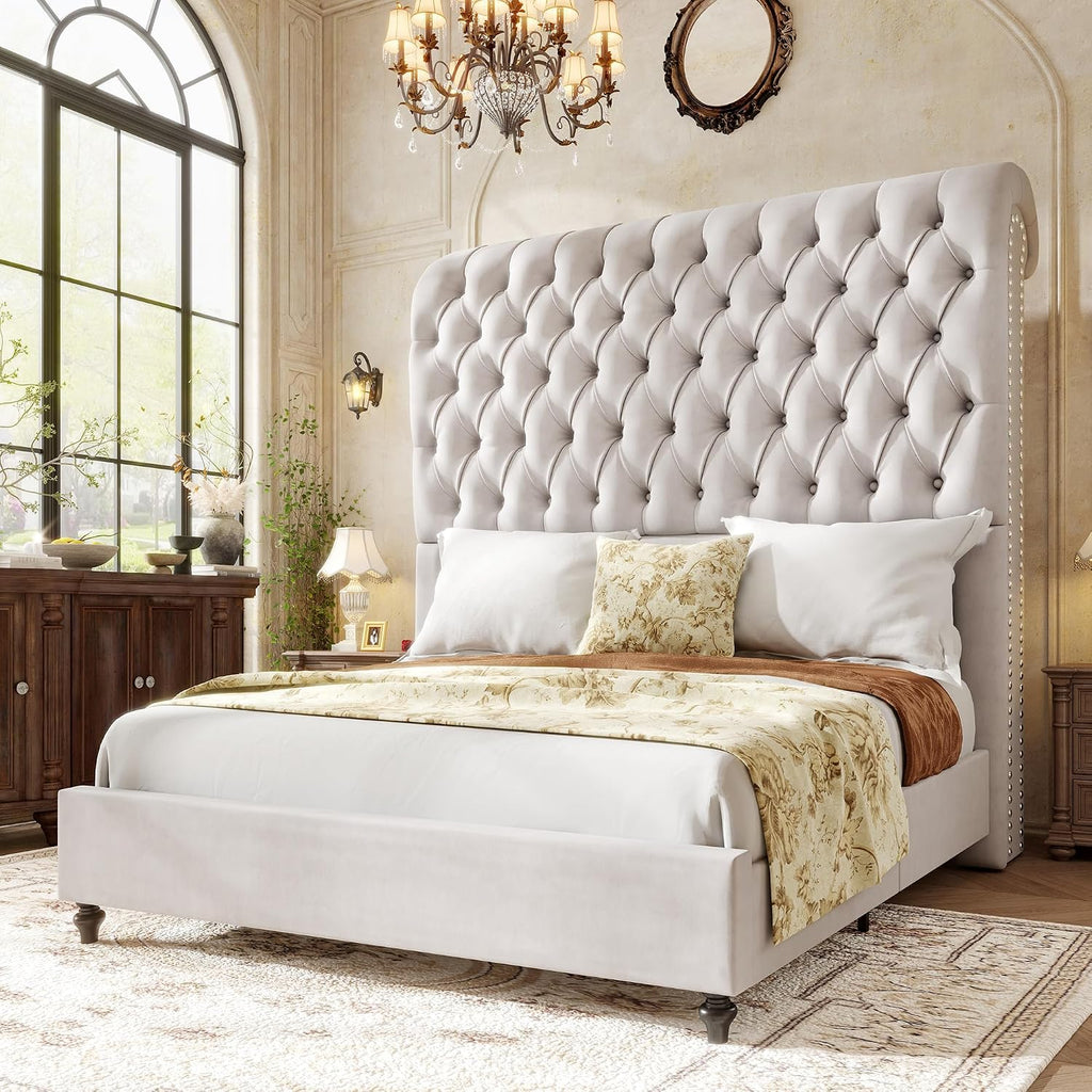 Jocisland Queen Size Bed Frame with 59' Tall Upholstered Headboard, Luxury Velvet Bed with Handcrafted Deep-Tufted Design and Solid Wood Legs, Noise-Free Platform, No Box Spring Needed, Cream