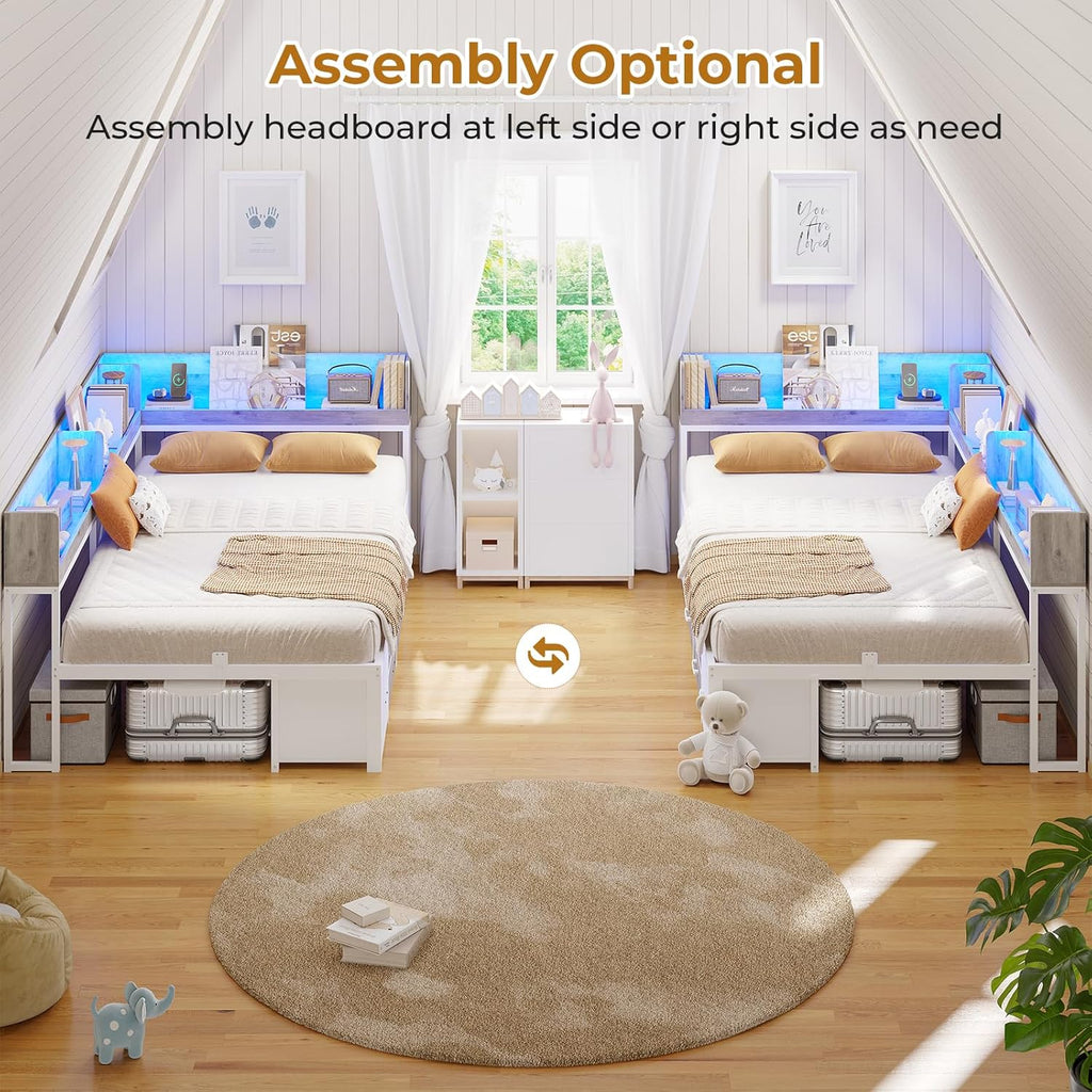MSmask 14 Inch Corner Bed Frame with Bookcase Storage, Twin Daybed with 6 Drawers, Charging Station and LED Light, Twin Size Metal Platform Bed Frame for Kids Teenagers, White & Oak Grey