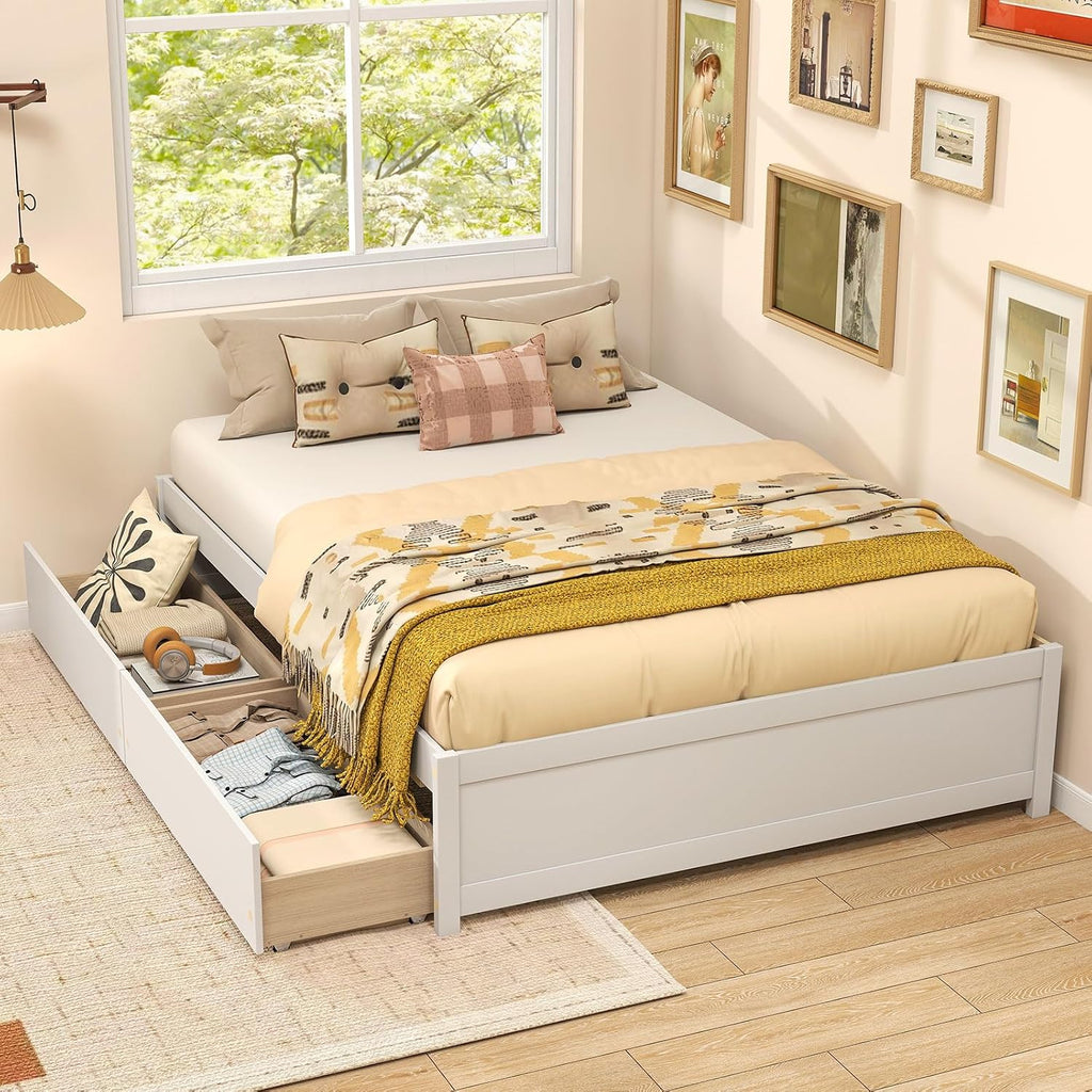 Giantex Full Size Bed Frame with 2 Storage Drawers, Solid Wood Platform Bed with Slats Support, Heavy Duty Daybed with Storage, No Box Spring Needed, Full Bed Frames for Teens Adults, White