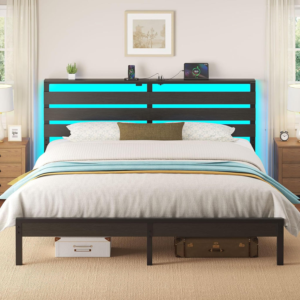 Rolanstar Bed Frame King Size with USB Charging Station, LED Bed Frame with Wood Storage Headboard, Black Metal Platform Bed with Under Bed Storage, No Box Spring Needed, Noise Free