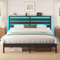 Rolanstar Bed Frame King Size with USB Charging Station, LED Bed Frame with Wood Storage Headboard, Black Metal Platform Bed with Under Bed Storage, No Box Spring Needed, Noise Free