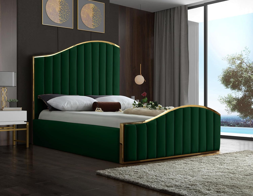 Meridian Furniture Jolie Collection Modern | Contemporary Velvet Upholstered Bed With Channel Tufting, And Polished Gold Metal Frame, Green, King