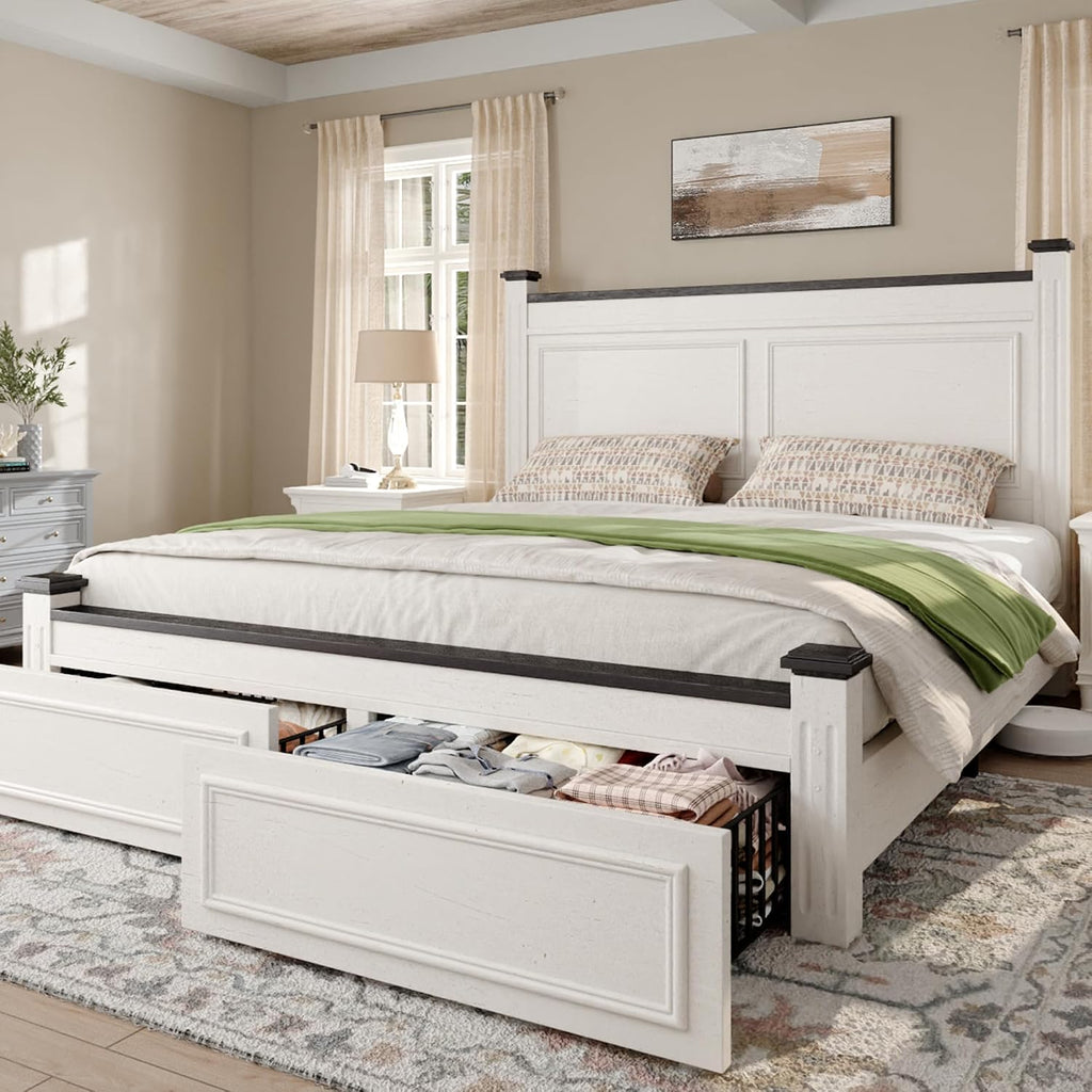 Homkdom Farmhouse Queen Size Bed Frame, 51' Tall Queen Bed Frame with Headboard, Bed Frame with 2 Storage Drawers, No Box Spring Needed, White