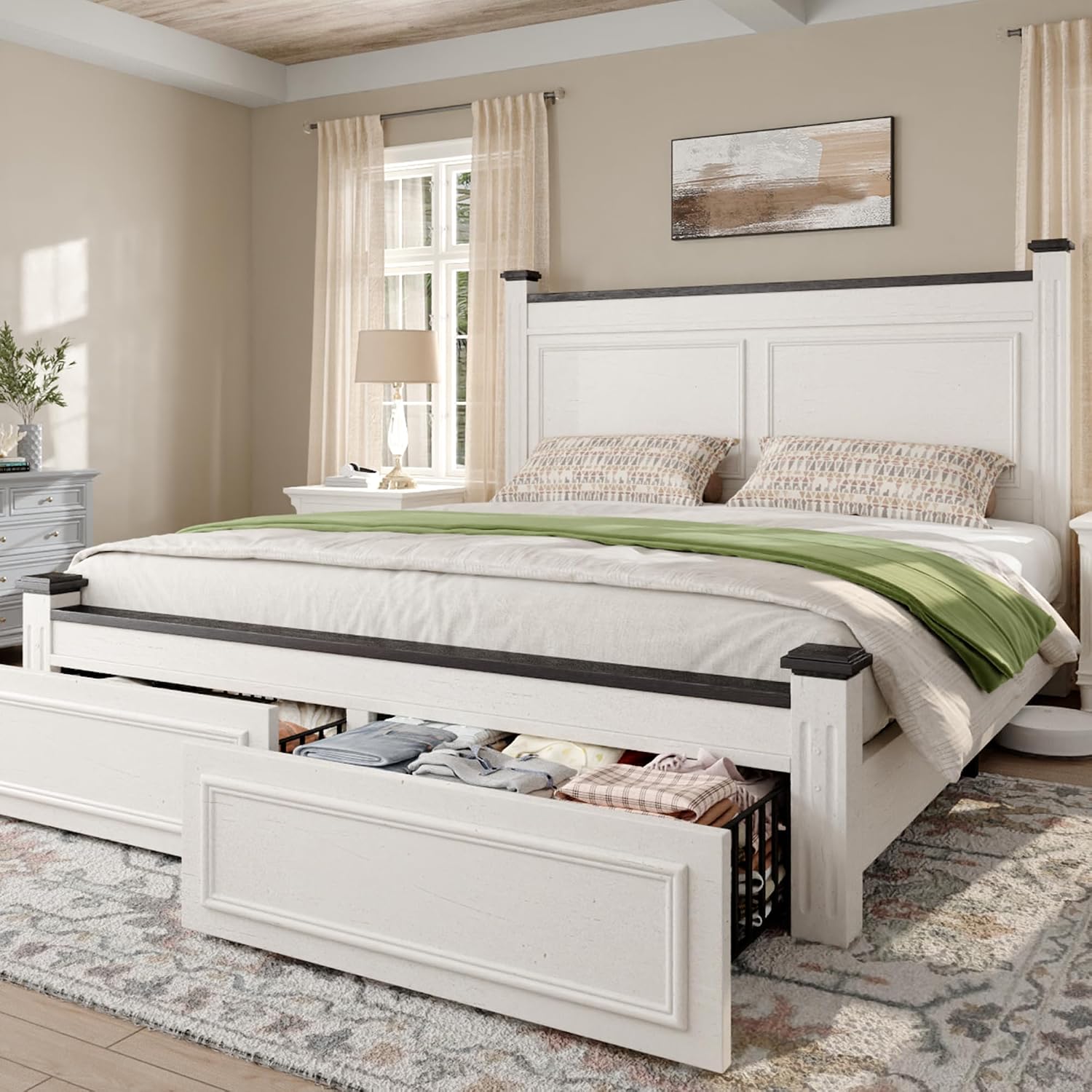 Homkdom Farmhouse Queen Size Bed Frame, 51' Tall Queen Bed Frame with Headboard, Bed Frame with 2 Storage Drawers, No Box Spring Needed, White