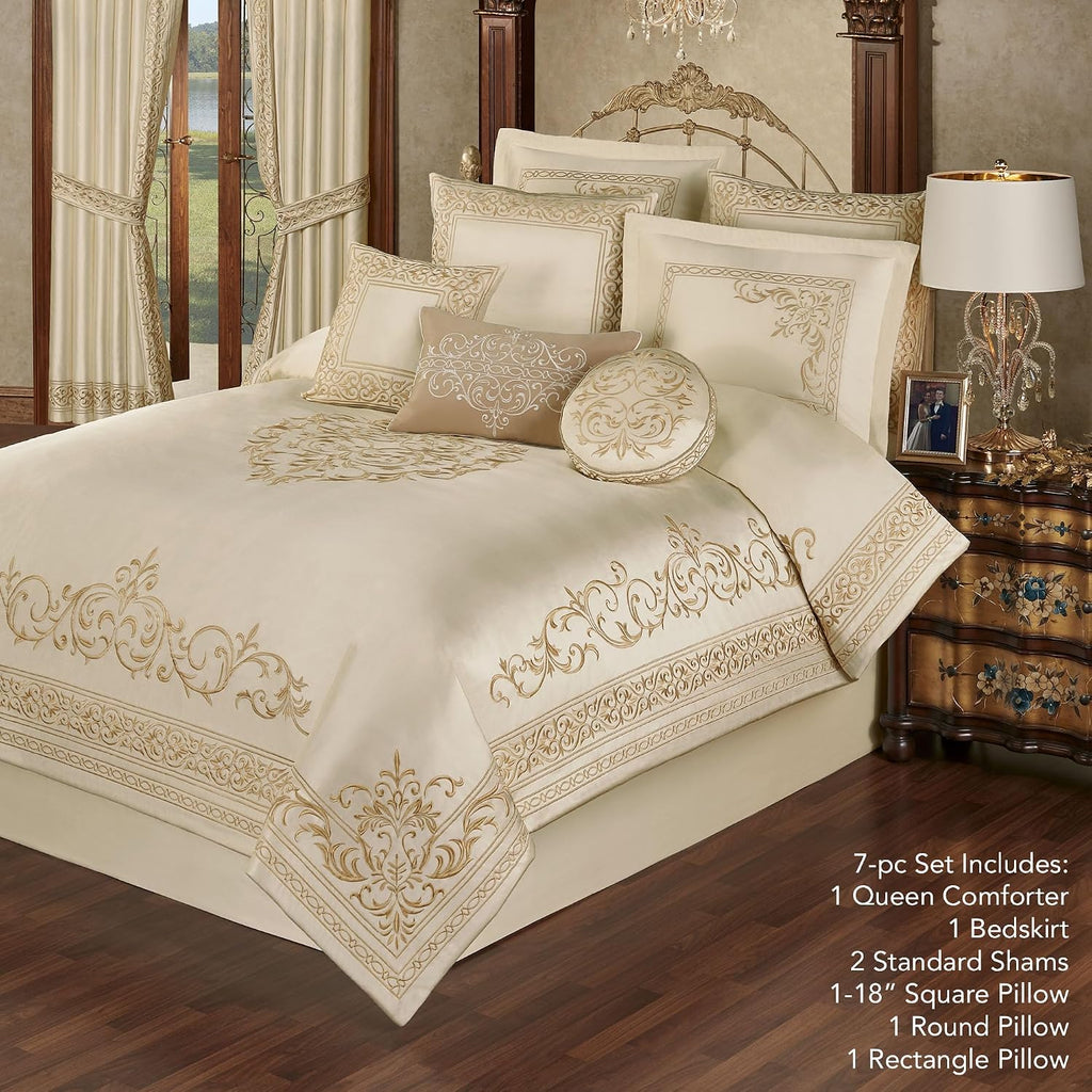 Versailles Luxury Bedding | Classic Neutral Pearl | Palace-Inspired French Style Golden Scrollwork Embroidery on Sateen | 7 Piece Set: Queen Comforter, Bedskirt, 2 Standard Shams & 3 Pillows