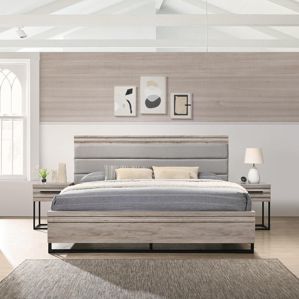 Roundhill Furniture Alvear 3-Piece Upholstered Wood Bedroom Set, Queen Size Panel Bed and Two Nightstands, Weathered Gray
