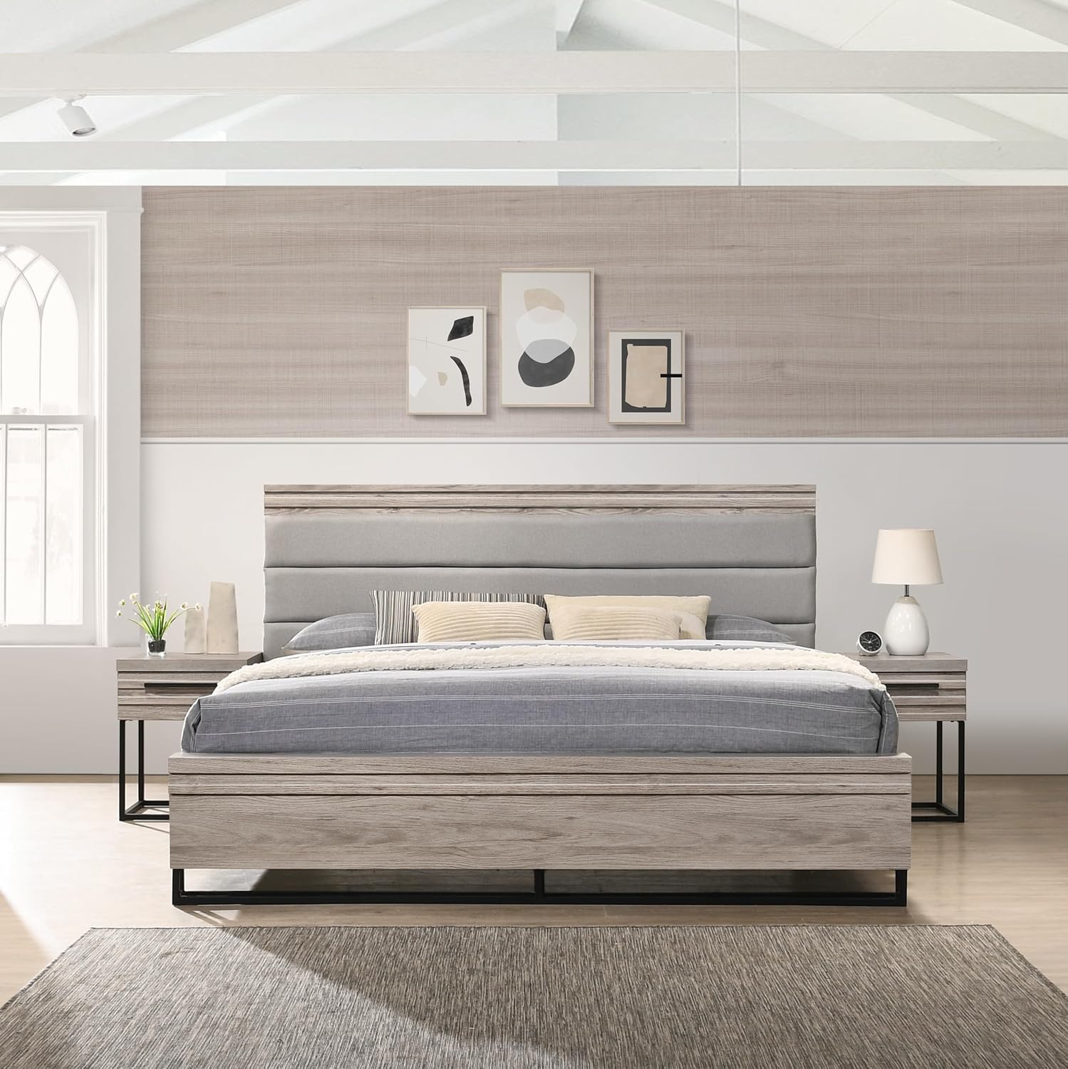 Roundhill Furniture Alvear 3-Piece Upholstered Wood Bedroom Set, Queen Size Panel Bed and Two Nightstands, Weathered Gray