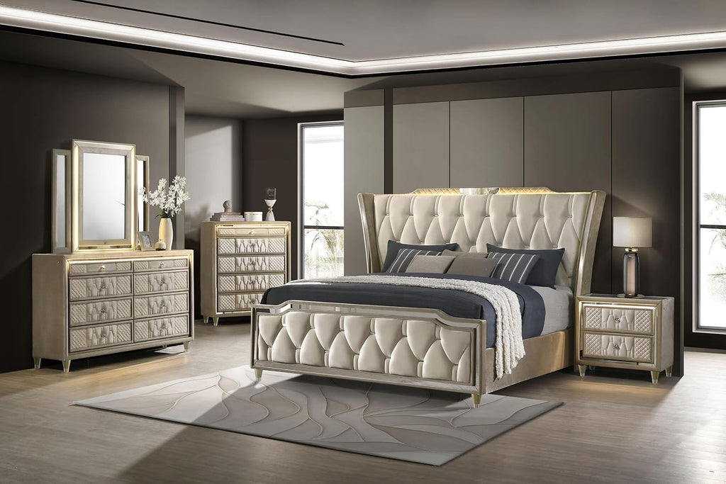 Coaster Home Furnishings-Lorient - Wood - 5-Piece Bedroom Set with LED Wingback Bed, USB Port, Traditional Style and Tufted Crown Details - Bedroom - California King Size - Ivory & Camel - 222661KW-S5