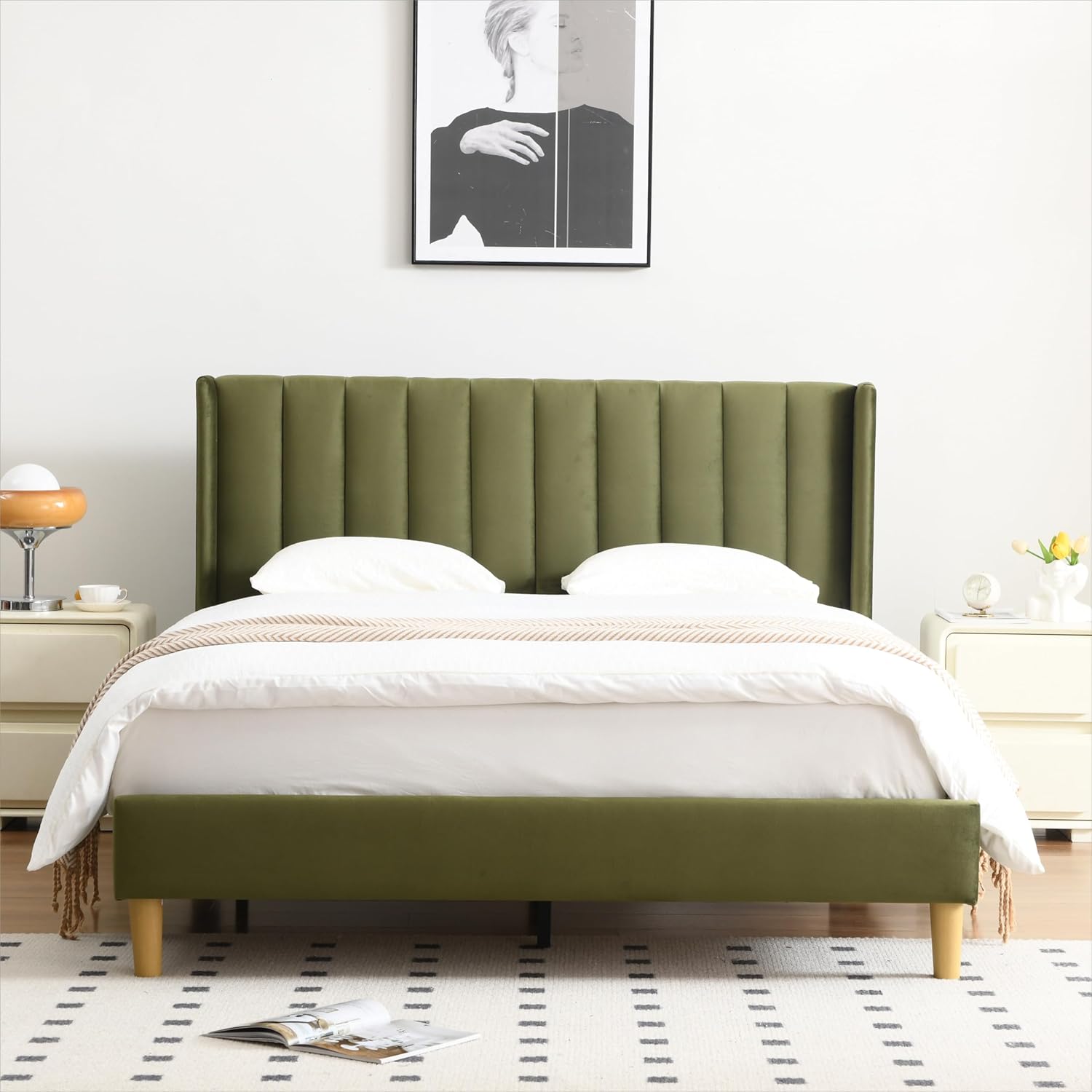 YUHUASHI upholstered Platform Bed Frame/Queen Bed Frame/Modern Geometric Double-Wing Design headboard/Velvet Fabric/Easy to Assemble no Noise (Grass Green, Queen (U.S. Standard))