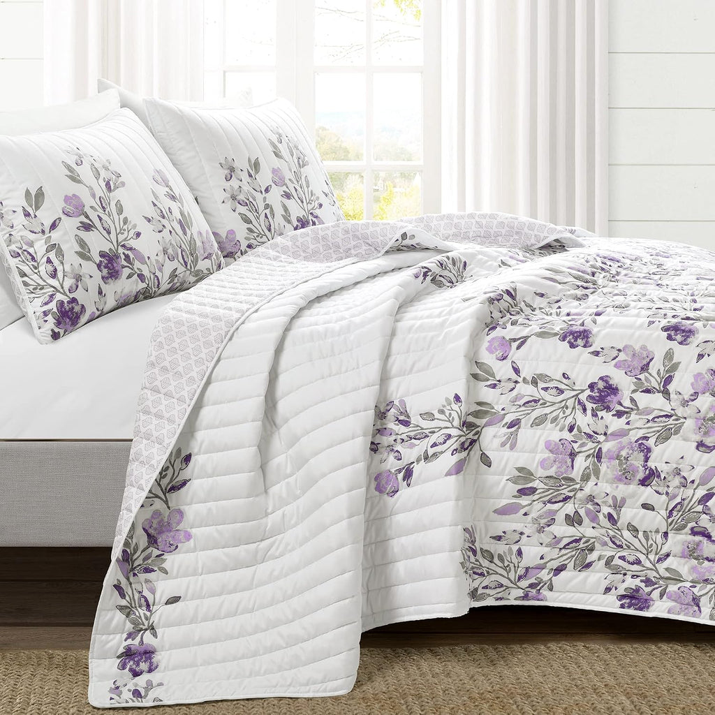 Lush Decor Tanisha Reversible Floral Quilt Set, 5 Piece Set, King, Gray & Purple - Elegant Floral Bedding Set - Purple Lavender Quilt - Beautiful Flower Print - Modern Farmhouse & Cottage Home Decor