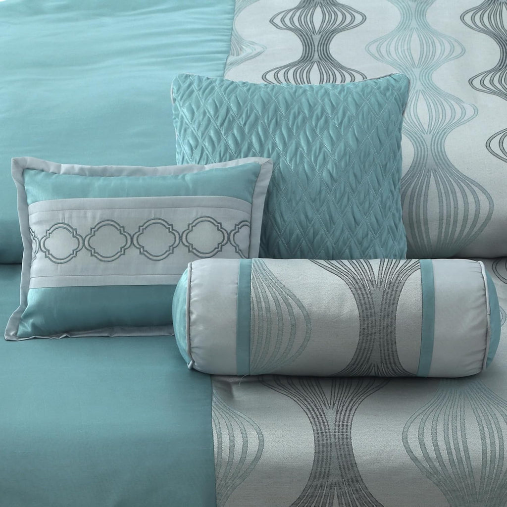 LANCO MODERN LIFESTYLE King Comforter Set, Blue, 7 Pieces in a Bag, Ultra Soft Jacquard with Solid Piecework, Luxury Bed Set with Comforters, Bed Skirt, Pillow Shams and Decorative Pillows