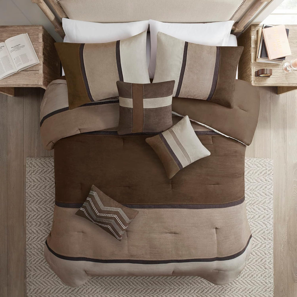 Madison Park Palisades Comforter Set Modern Faux Suede Pieced Stripe Design, All Season Down Alternative Cozy Bedding with Matching Shams, Decorative Pillows, King(104'x92'), Brown 7 Piece
