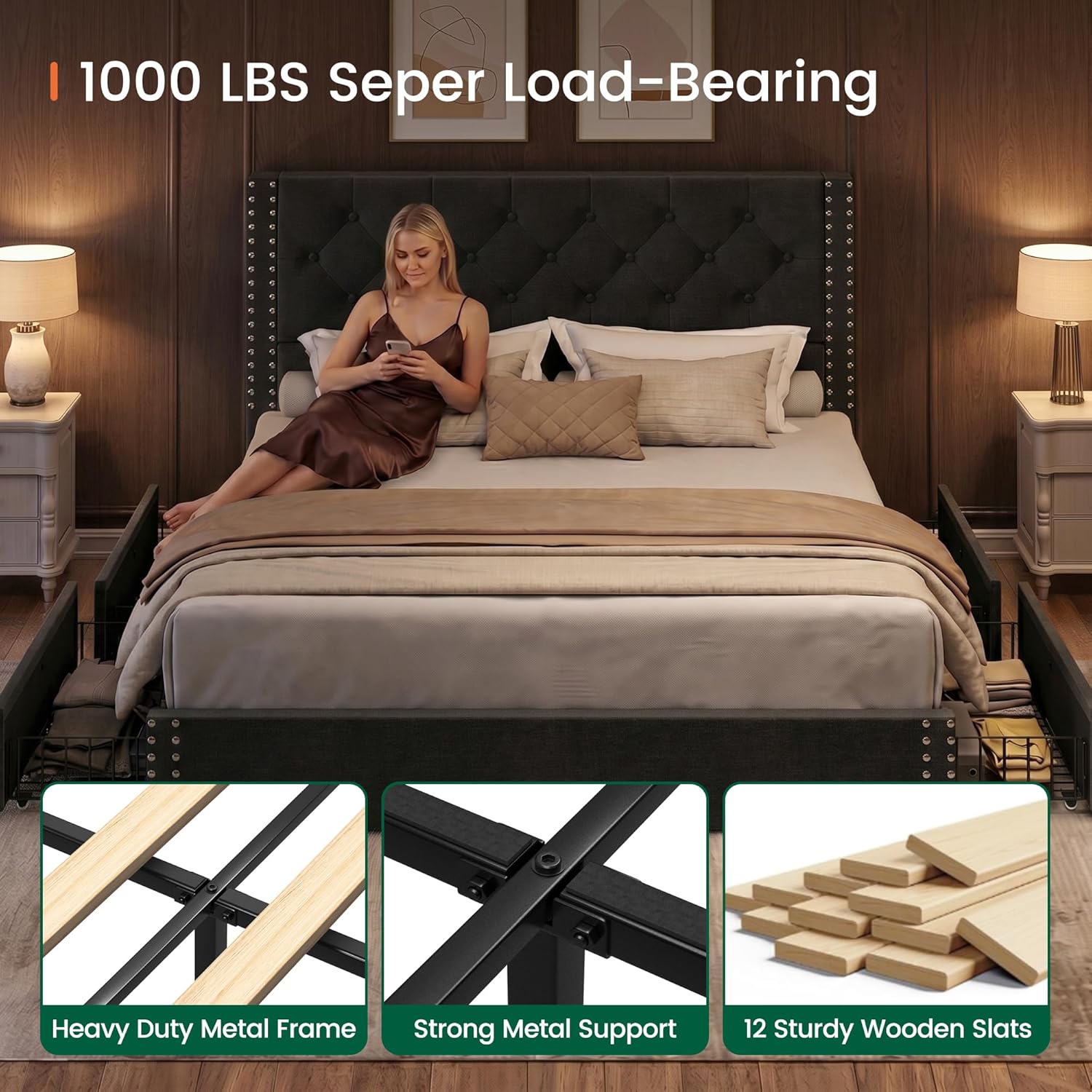 LARMACE Queen Size Bed Frame with 4 Storage Drawers and Tufted Headboard Linen Upholstered Platform Bed Frame with Heavy Duty Wood Slats, No Box Spring Needed, Easy Assembly, Grey