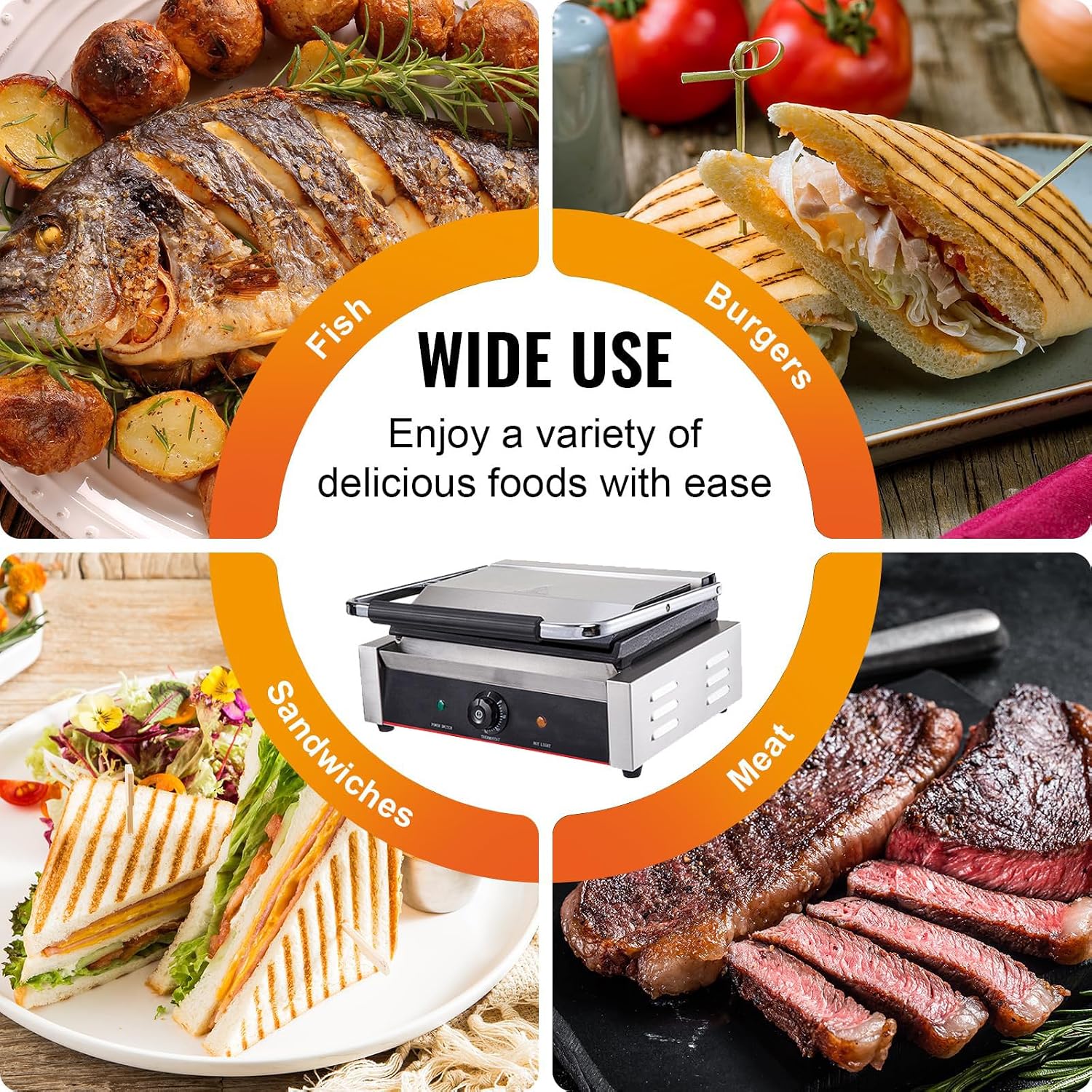 1800W Panini Grill, Sandwich Maker, Commercial Smokeless Indoor Grill, Removable Plates, Stainless Steel, For Steak, Hamburger, Waffle,220V