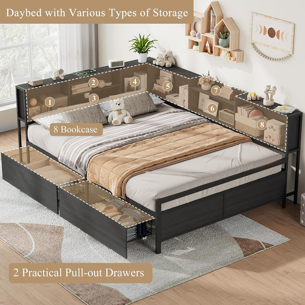 Full Size Corner Bed Frame with 8 Bookcase Headboard & 2 Storage Drawers, Full Metal Platform Bed with Charging Station, Full Daybed for Kids Teens Guests, Black
