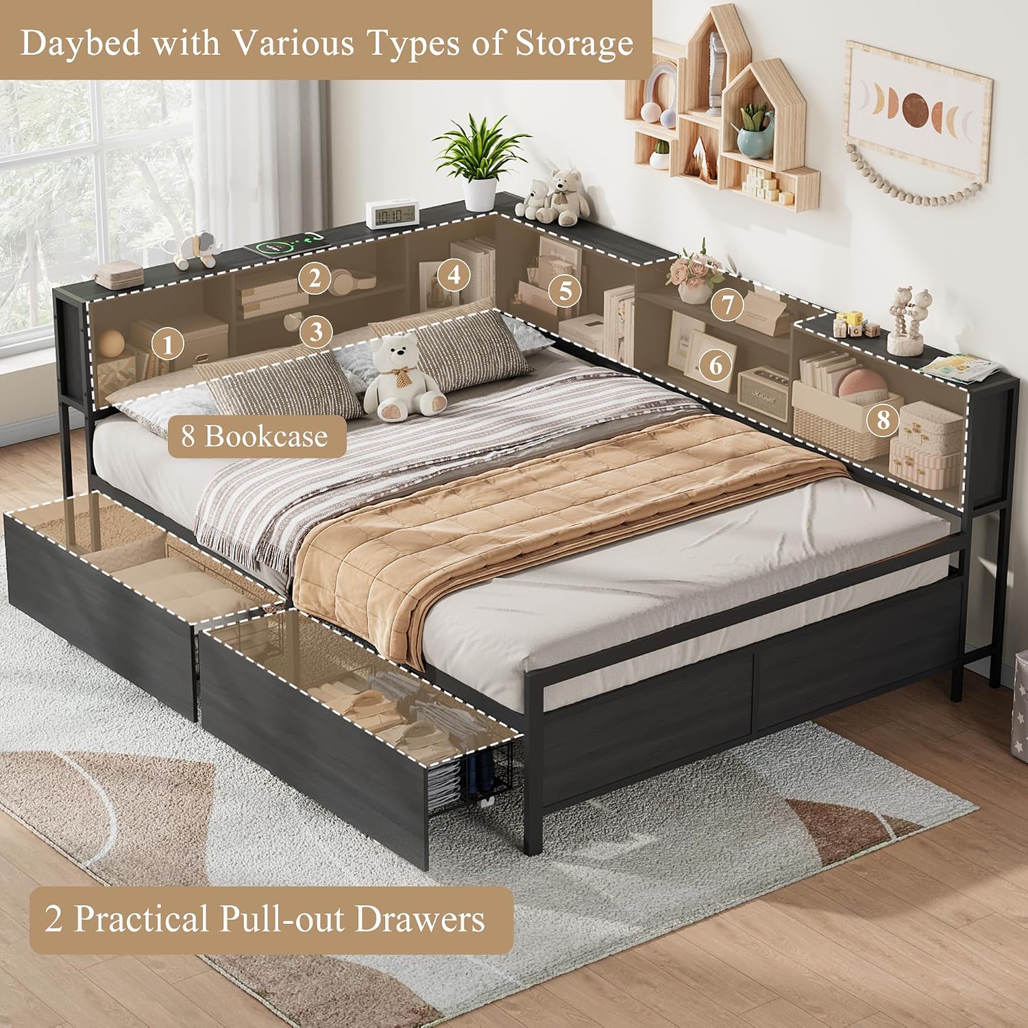 Full Size Corner Bed Frame with 8 Bookcase Headboard & 2 Storage Drawers, Full Metal Platform Bed with Charging Station, Full Daybed for Kids Teens Guests, Black