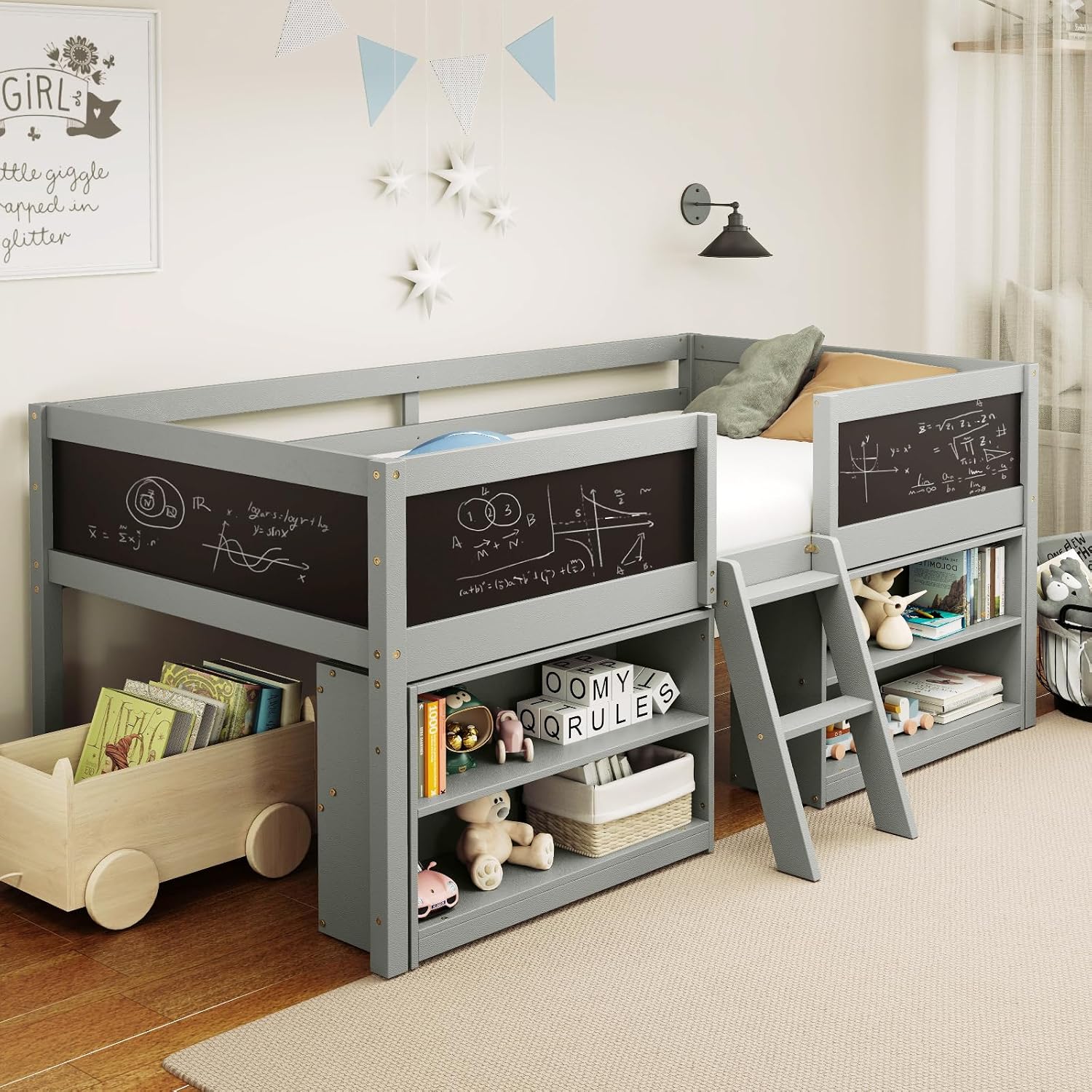 Giantex Low Loft Bed Twin Size, Wooden Loft Bed with Ladder & Blackboard, Twin Bed Frames for Kids with Storage 2 Bookcases and Play Space, Grey
